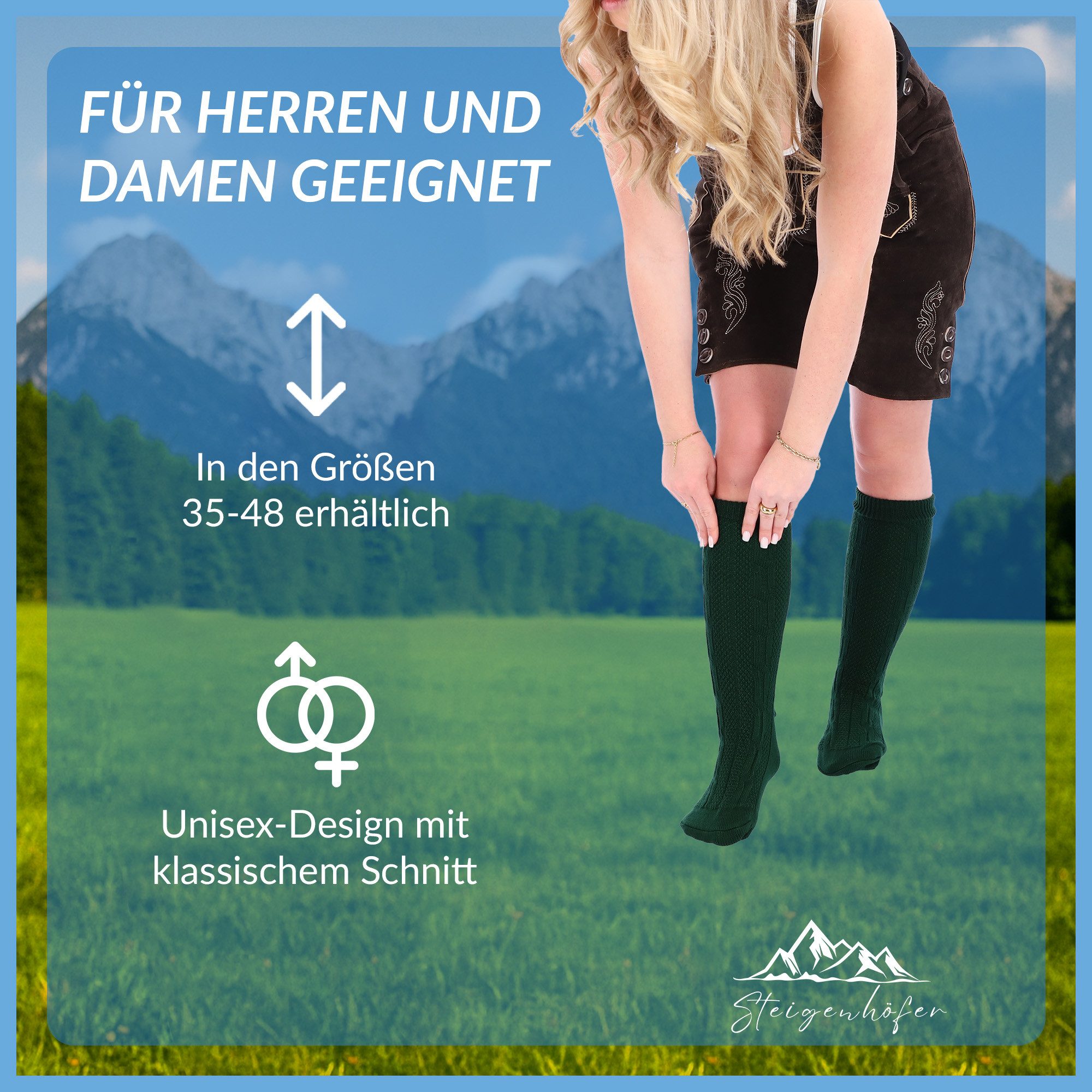 Steigenhöfer Manufaktur Trachtensocken für Herren und Damen – Socken mit Zopfmuster und Edelweißanstecker Oktoberfest Strümpfe aus Baumwolle für Männer & Frauen