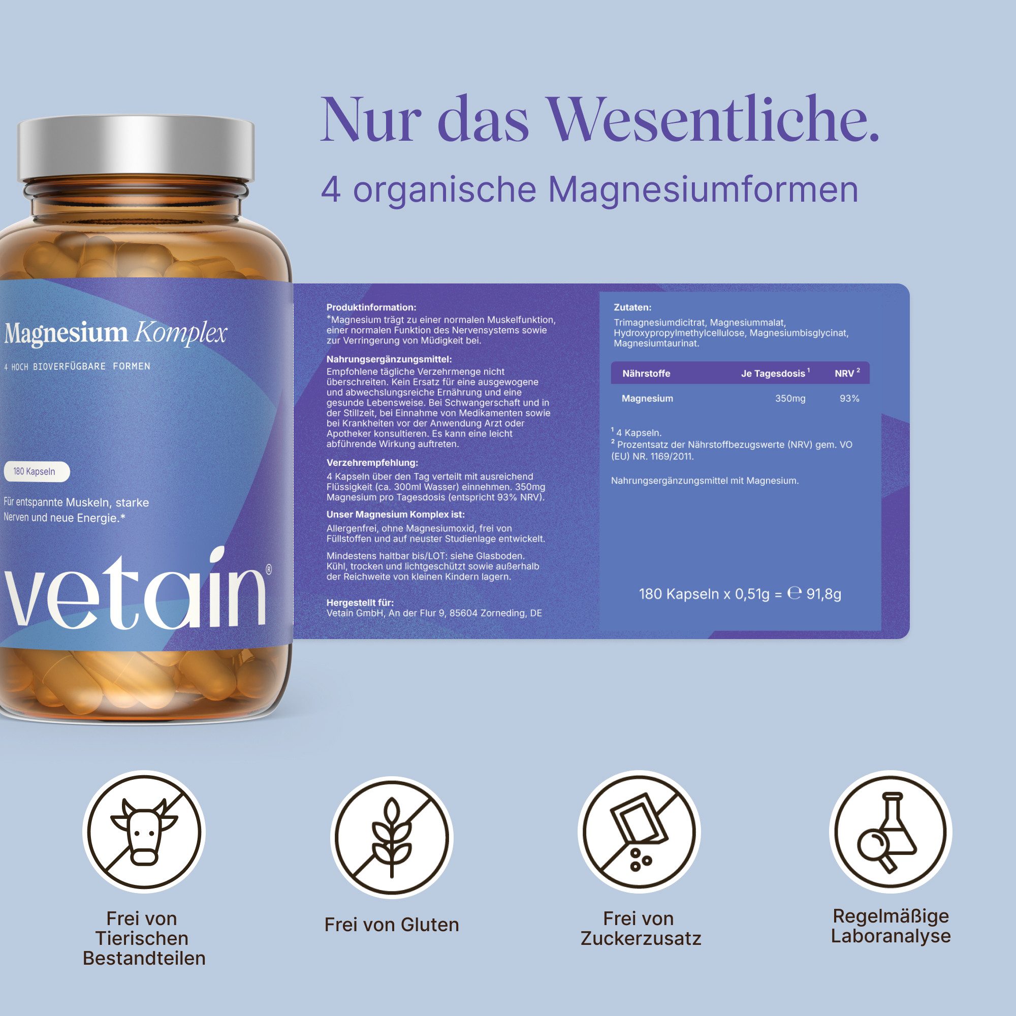 VETAIN Magnesium Komplex - 180 vegane Kapseln, 350mg elementares Magnesium je Tagesdosis à 180 St., 91.8 g, Ohne unnötige Zusätze