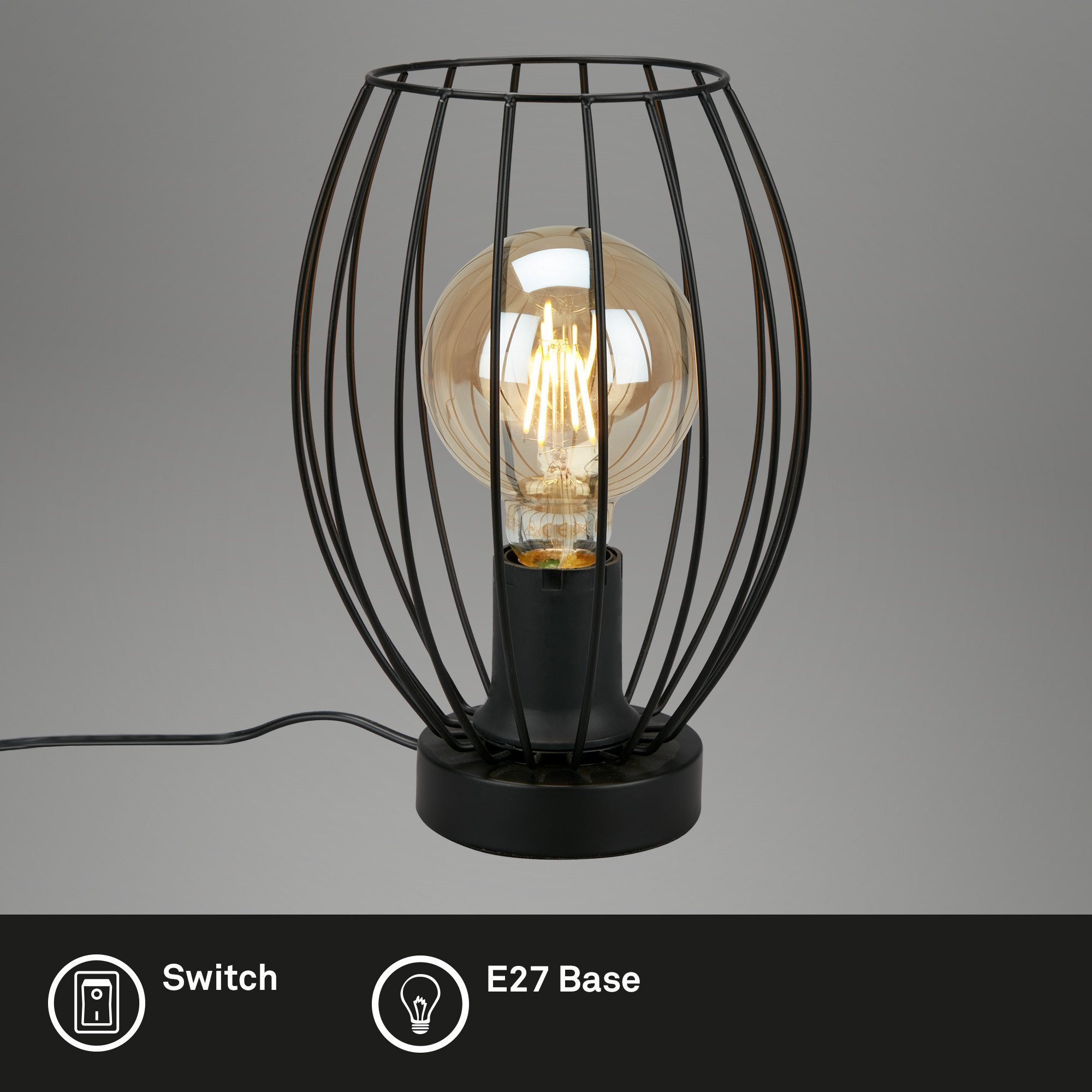 Briloner Leuchten Tischleuchte Tischlampe Extra-Warmweiß E27, ohne Leuchtmittel, 2700K - Extra - Warmweiß, 1-flammig, inkl. Kabelschalter An/Aus, schwarz, exkl. E27, max. 25 W
