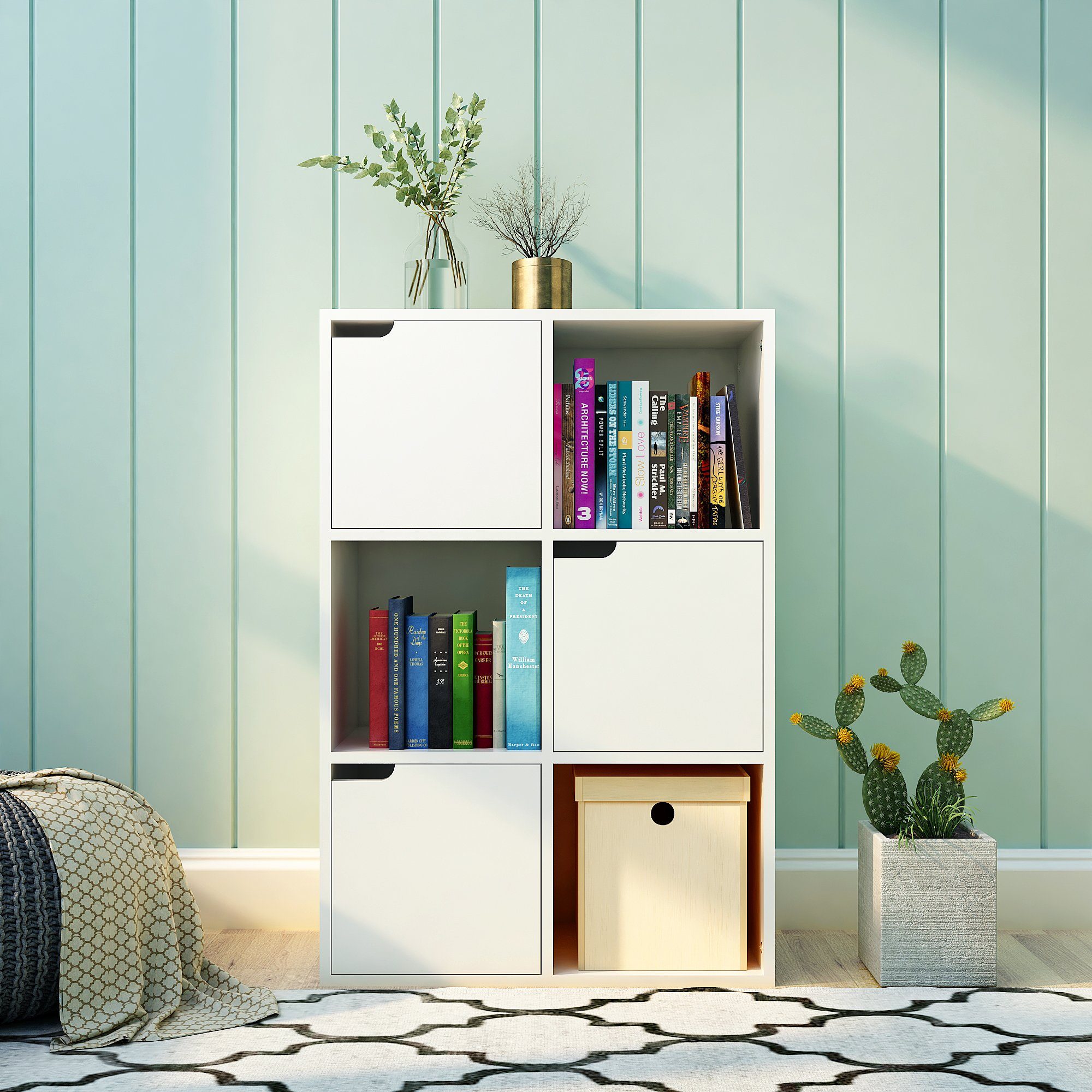 Mondeer Bücherregal Aufbewahrungsregal, Bücherschrank, Regal aus Holz, Sechs Fächer mit 3 Türen Weiß | Bücherschränke