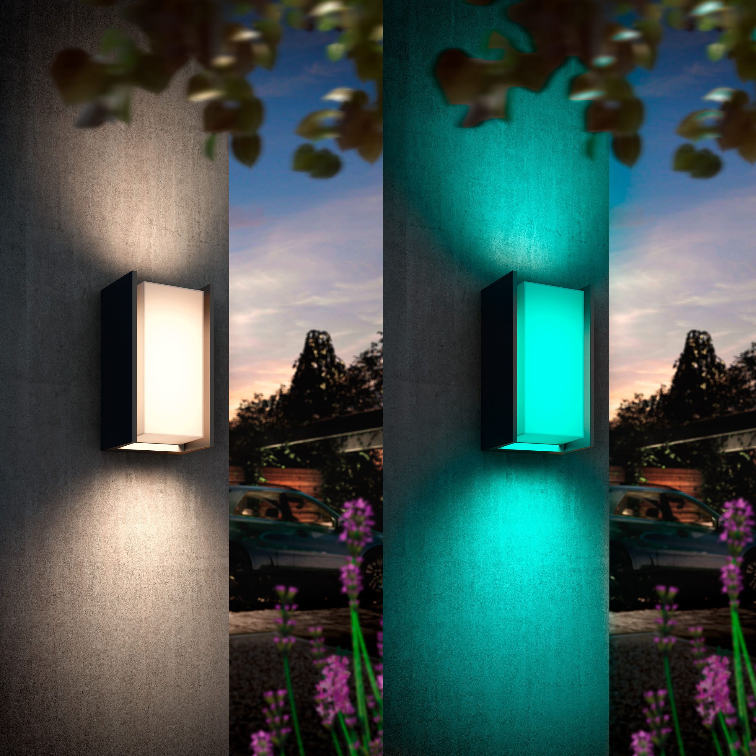 Philips Hue LED Außen-Wandleuchte Turaco Weiß- & Farblicht, Blinker, Dimmer, Farbwechsel, Memoryfunktion, Smart Home, Timerfunktion, erweiterbar, mehrere Helligkeitsstufen, LED wechselbar, RGB, 1100lm, IP44 wetterfest, inkl. Leuchtmittel, anthrazit