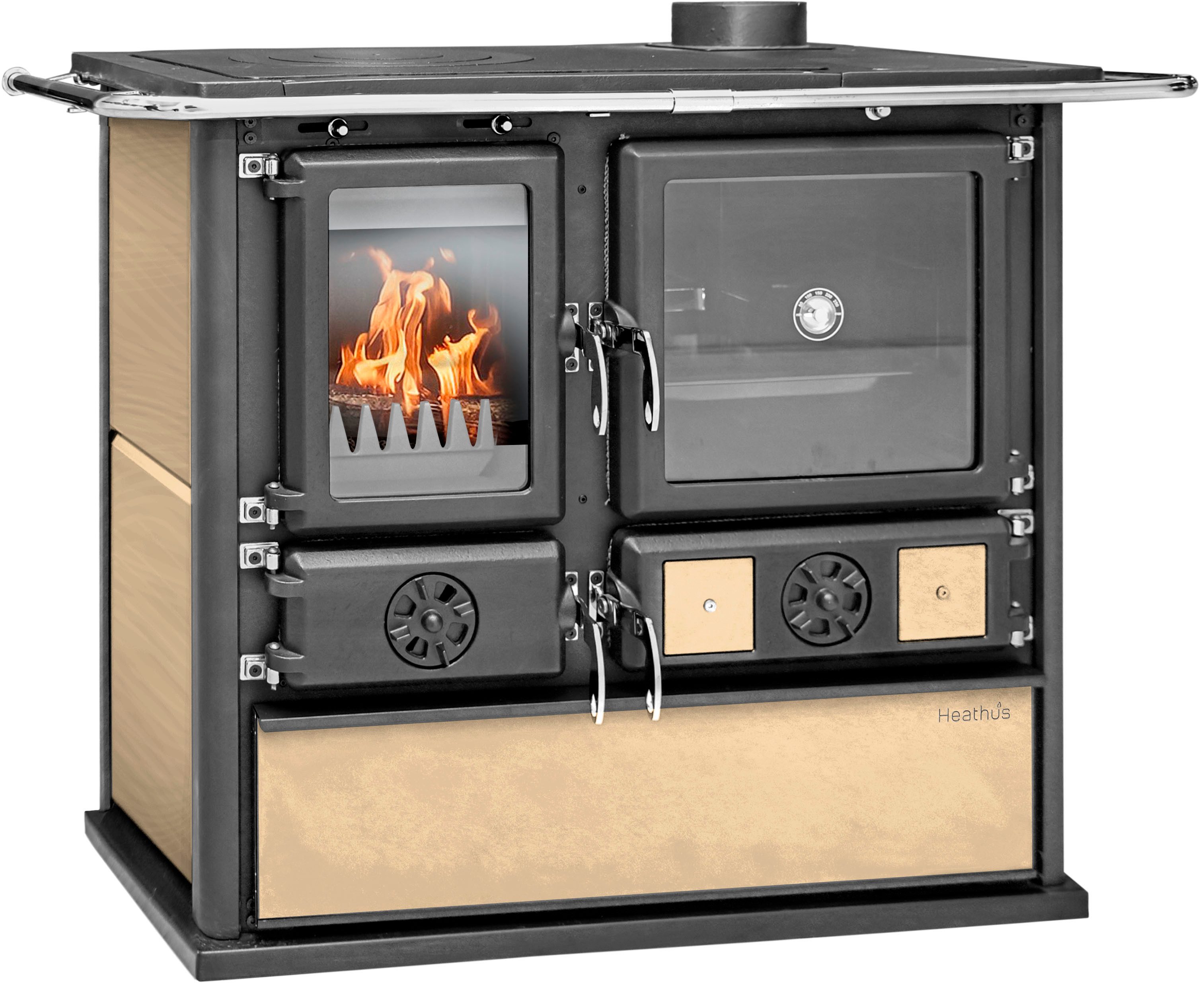 Festbrennstoffherd Heathus Küchenofen »Cook Premium« Beige, 8,8 kW, Zeitbrand, Ofenherd zum Heizen, Kochen & Backen