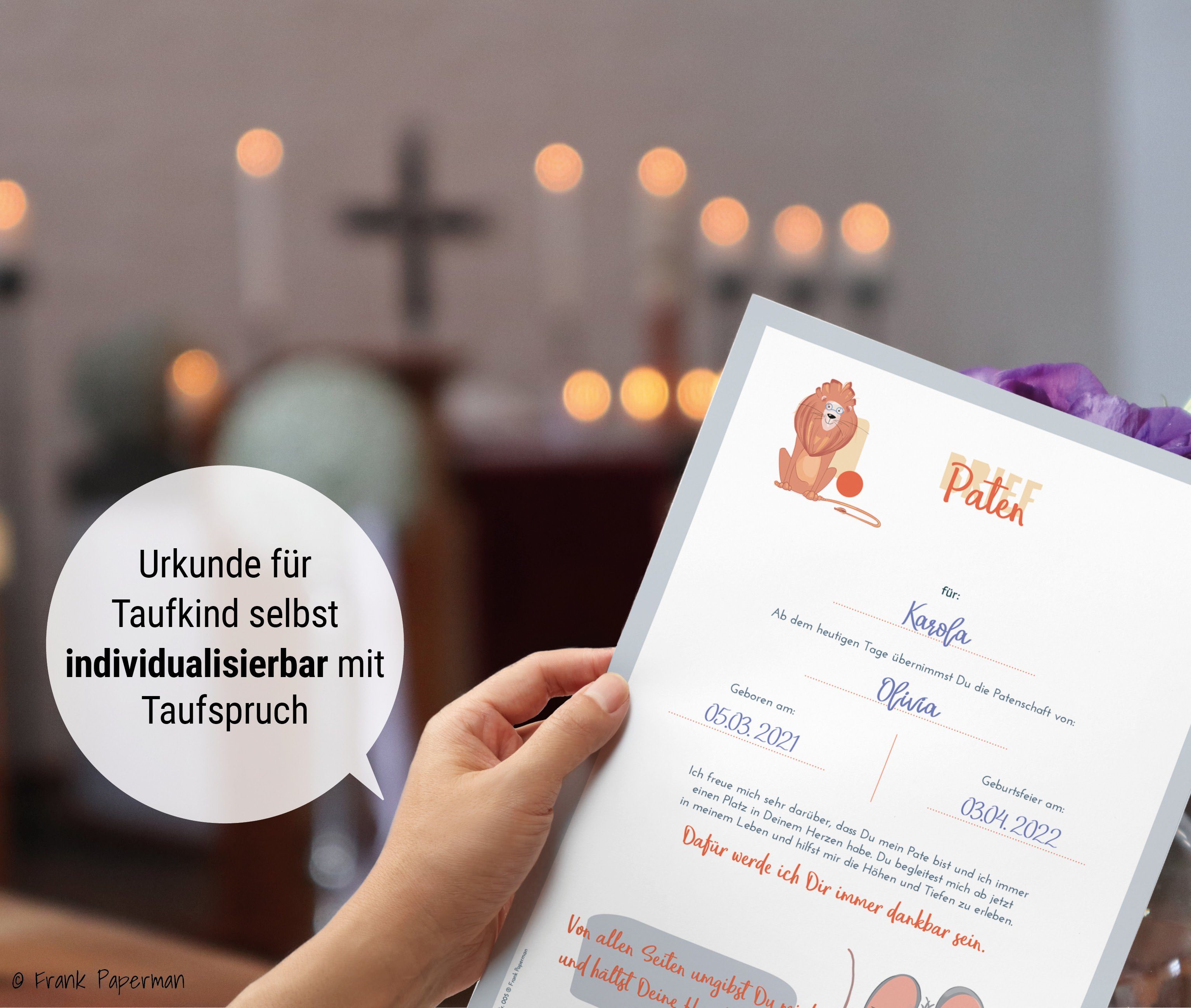Set, Patenkind Paperman Urkunden Taufpaten, Patenbrief Paten Taufkarte mit Taufbrief Frank