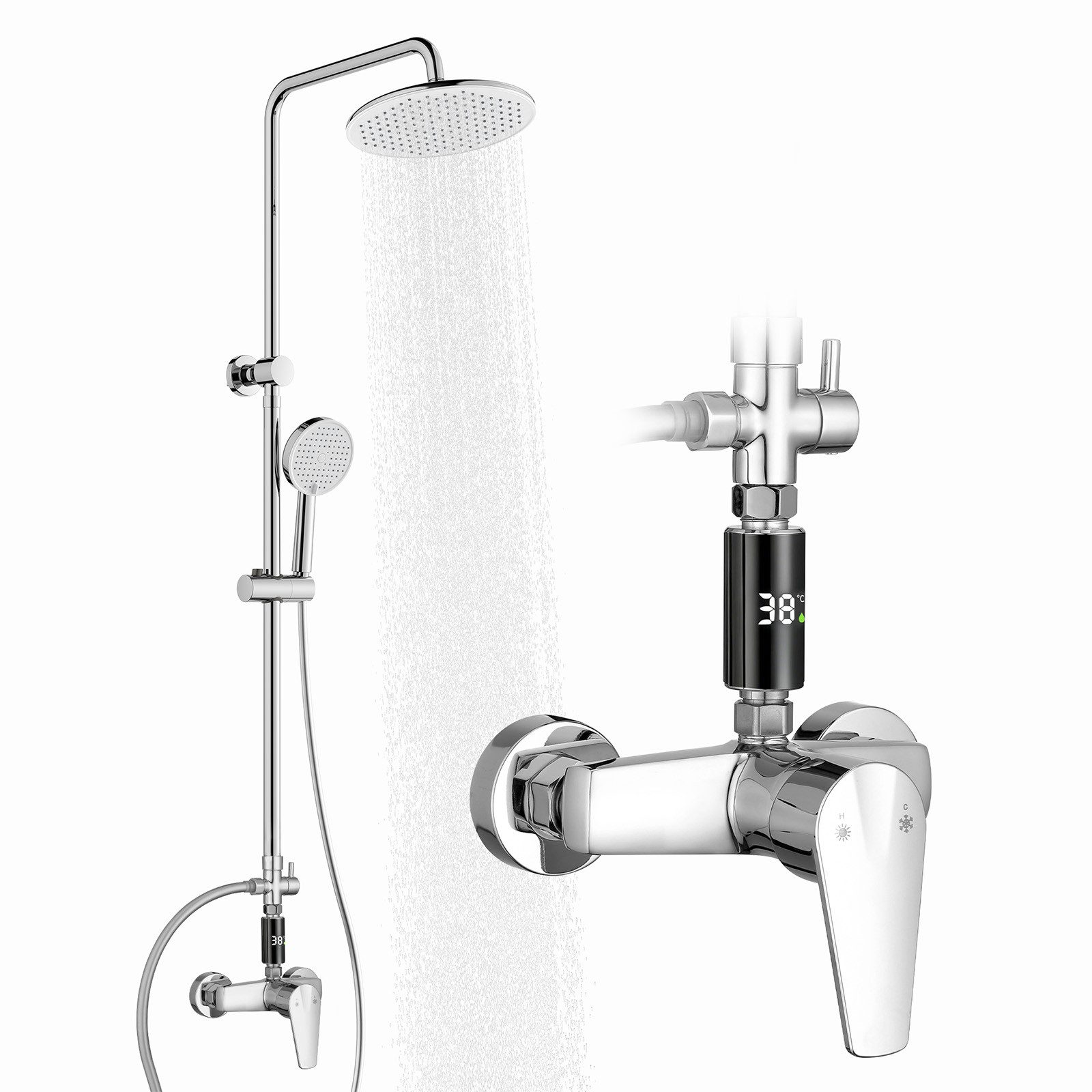 HOMELODY Duschsystem Regendusche 10 Zoll LED Temperaturanzeige 2 Funktionen, Mit LED Anzeige, 3 Strahlarten, höhenverstellbar, kein zweites Bohren