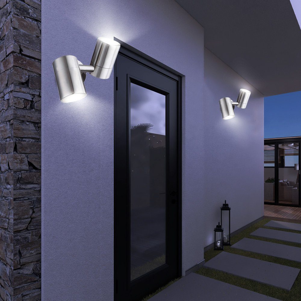 etc-shop Außen-Wandleuchte, Leuchtmittel inklusive, Warmweiß, 2er Set LED Außen Wand Leuchten Edelstahl Beleuchtungen Glas Strahler