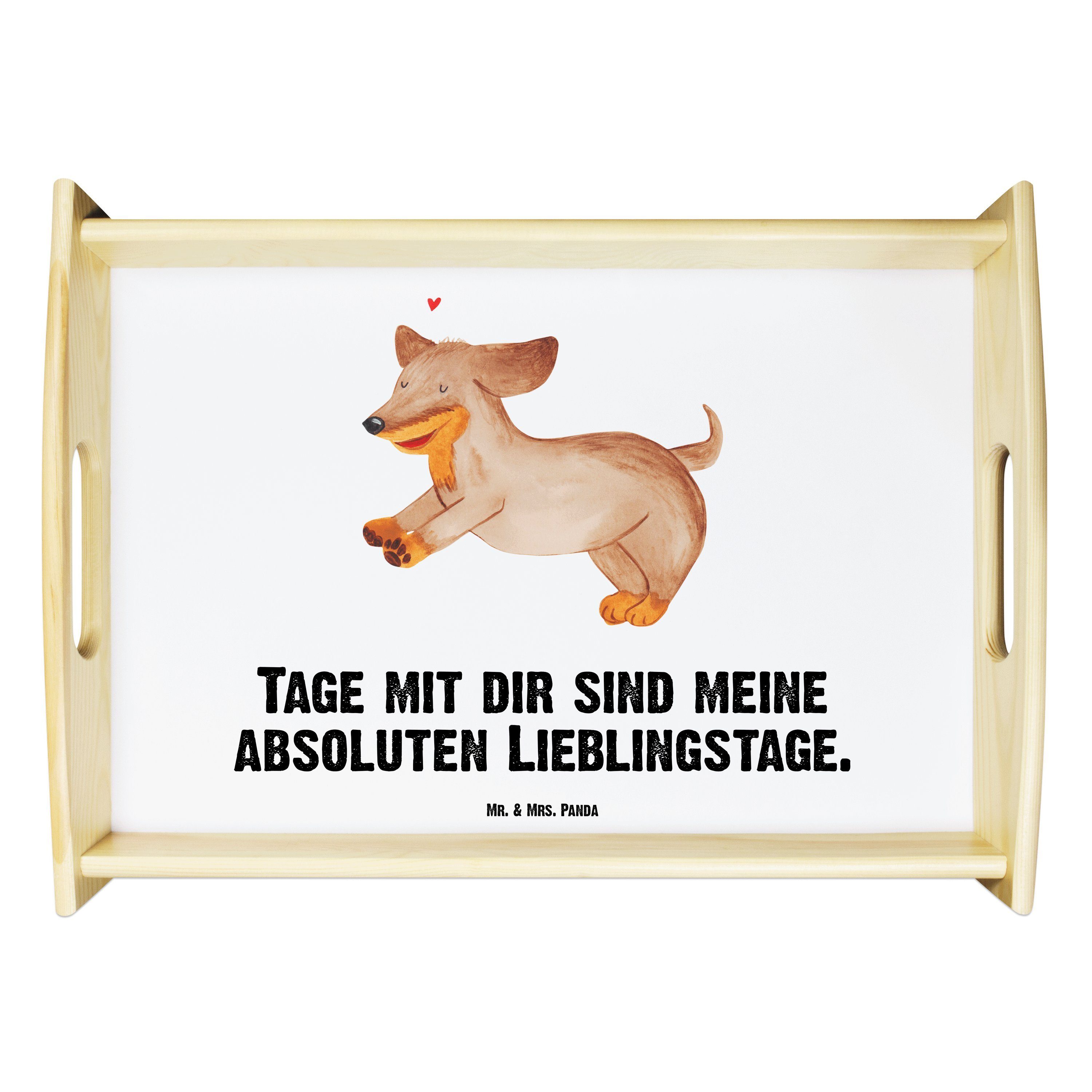 Mr. & Mrs. Panda Tablett Hund Dackel fröhlich - Weiß - Geschenk, Holztablett, Tablett, Küchent, Echtholz lasiert, (1-tlg)