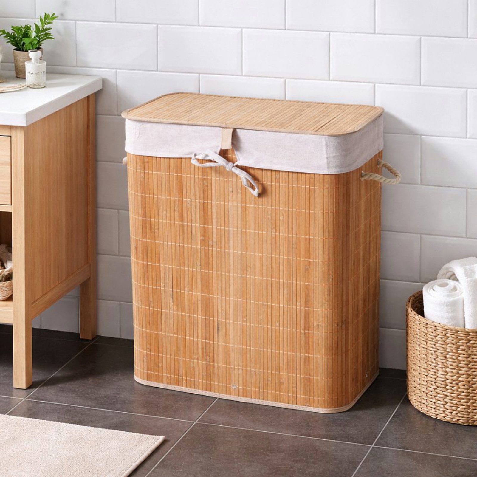 Koopman Wäschekorb Wäschebehälter Bambus 60x50x30 Bambus (1 St), 60x50x30cm, mit Deckel, Faltbar, Tragegriffe, Modern