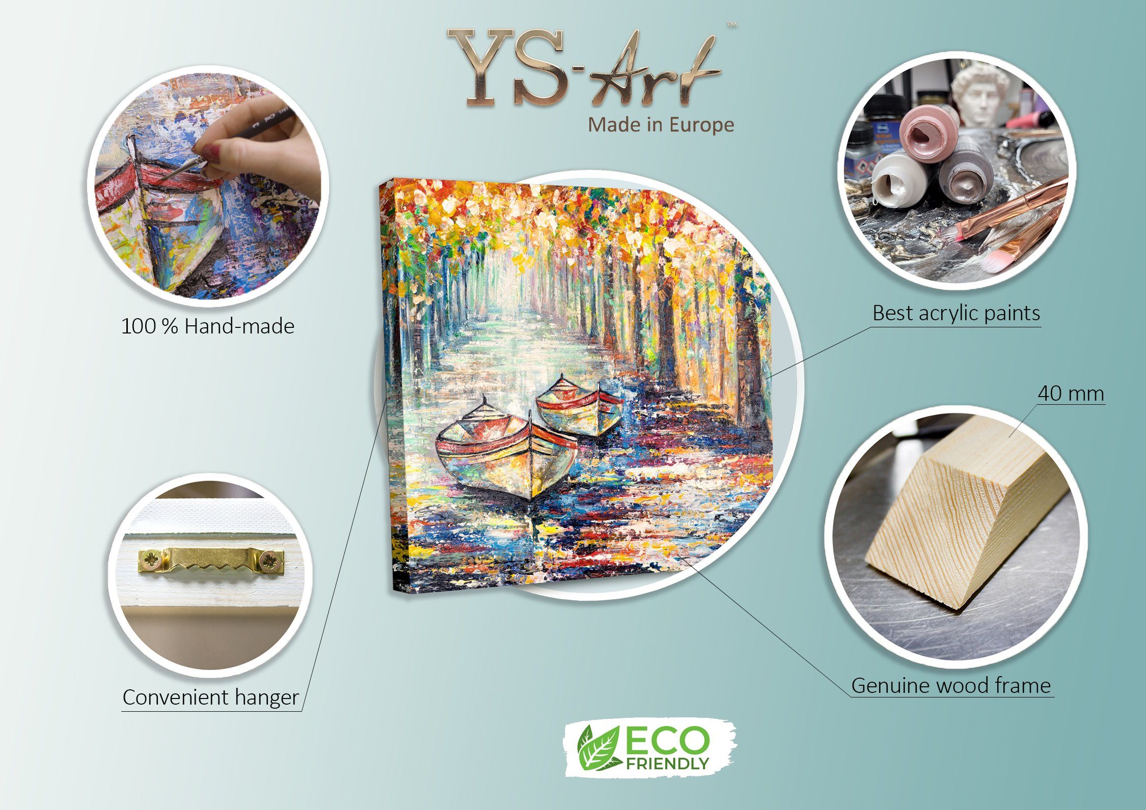 YS-Art Gemälde Segelboote Bild Landschaft, Baum Schattenfugenrahmen Leinwand Bunt Handgemalt Anlegeplatz, Herbstlicher Ohne