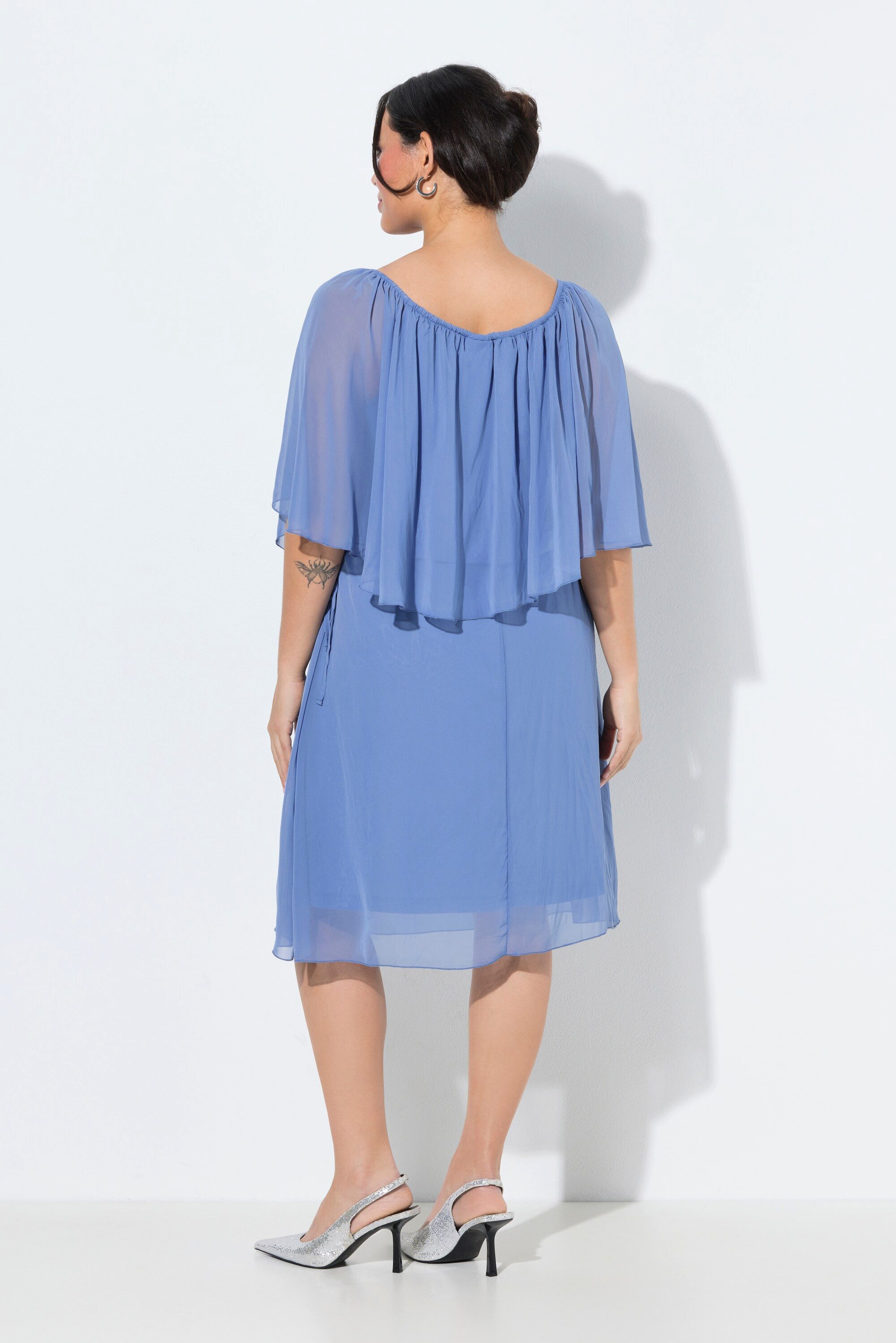 Ulla Popken Cocktailkleid Kleid Chiffonrüsche A-Linie Carmen-Ausschnitt
