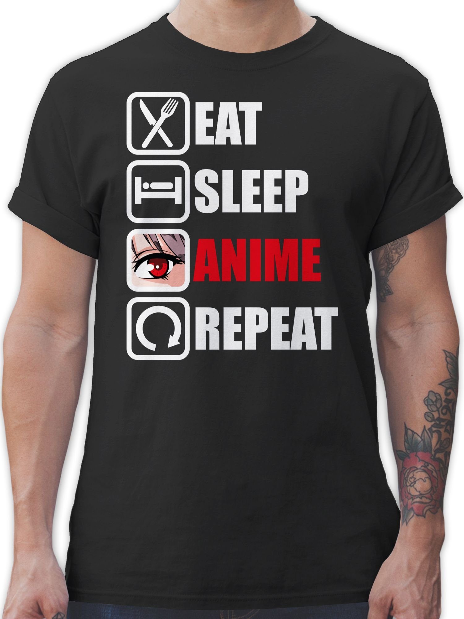 Shirtracer T-Shirt Eat sleep Anime repeat - Manga Japan Anime Geschenke 1 Schwarz