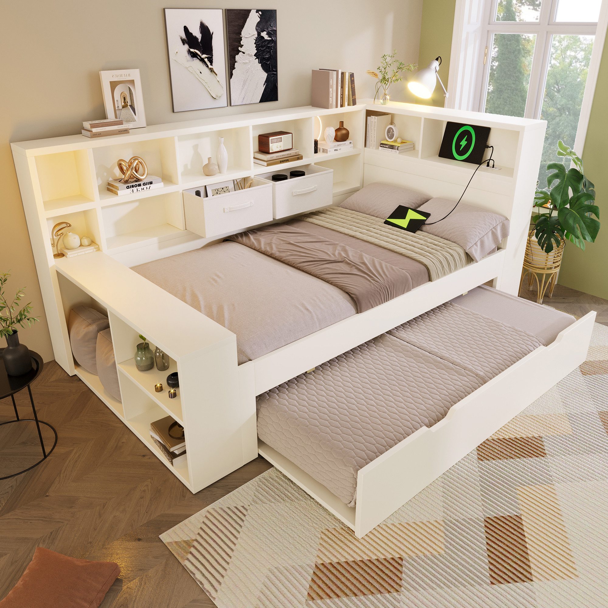 OKWISH Stauraumbett Bett 90x190 cm mit Ausziehbett, Stauraum und USB-/Type-C-Anschlüssen (Holzbett, Funktionsbett, 1-tlg., Großzügiger Stauraum, hochwertigen Platten), Platzsparendes Doppel- & Jugendbett