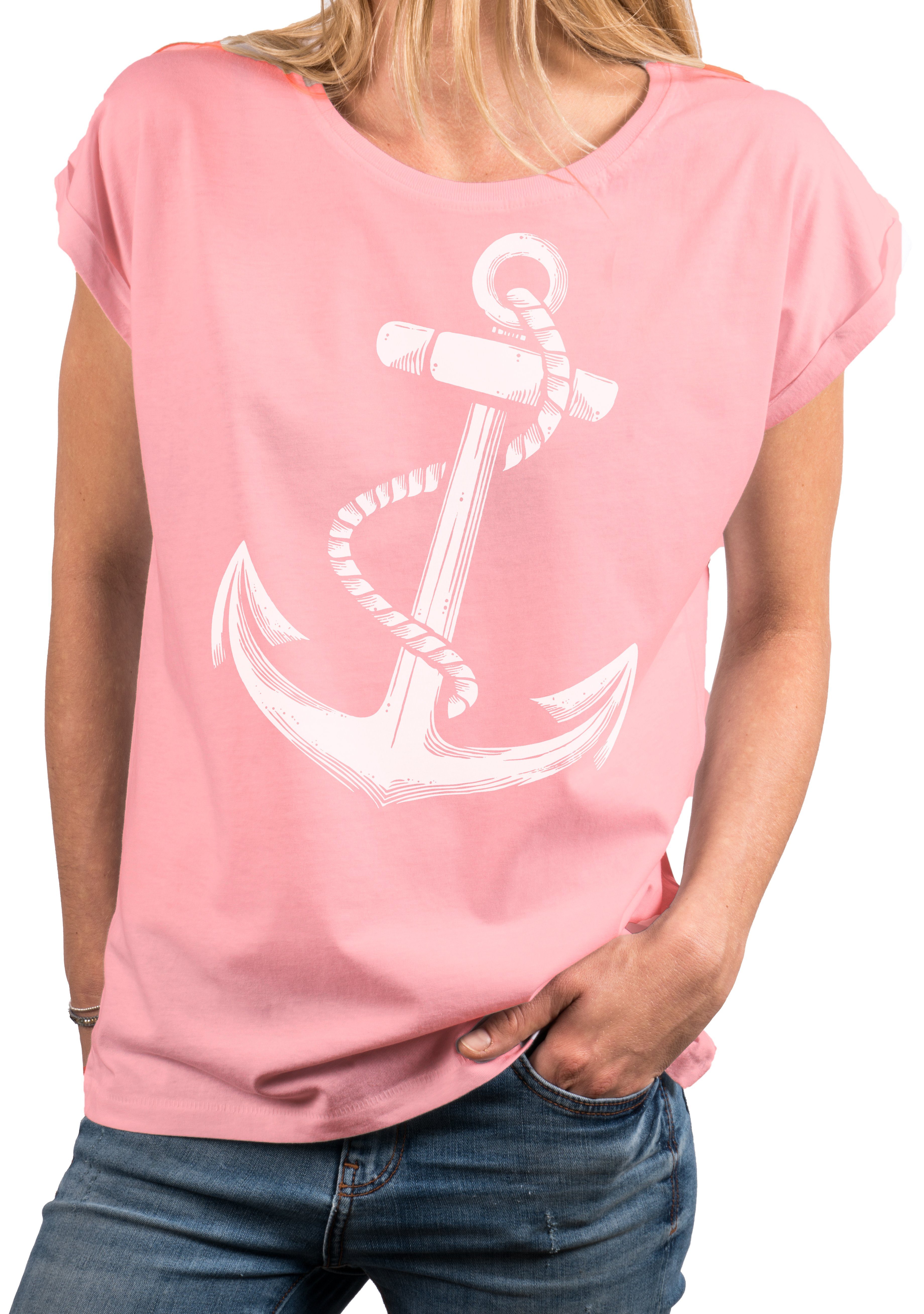 Größen große Frauen Print-Shirt blau, Maritime Tunika (Kurzarm, Rundhals, grau, Damen aus Anker rosa, Motiv Sommer Top Oberteile MAKAYA Baumwolle, schwarz)