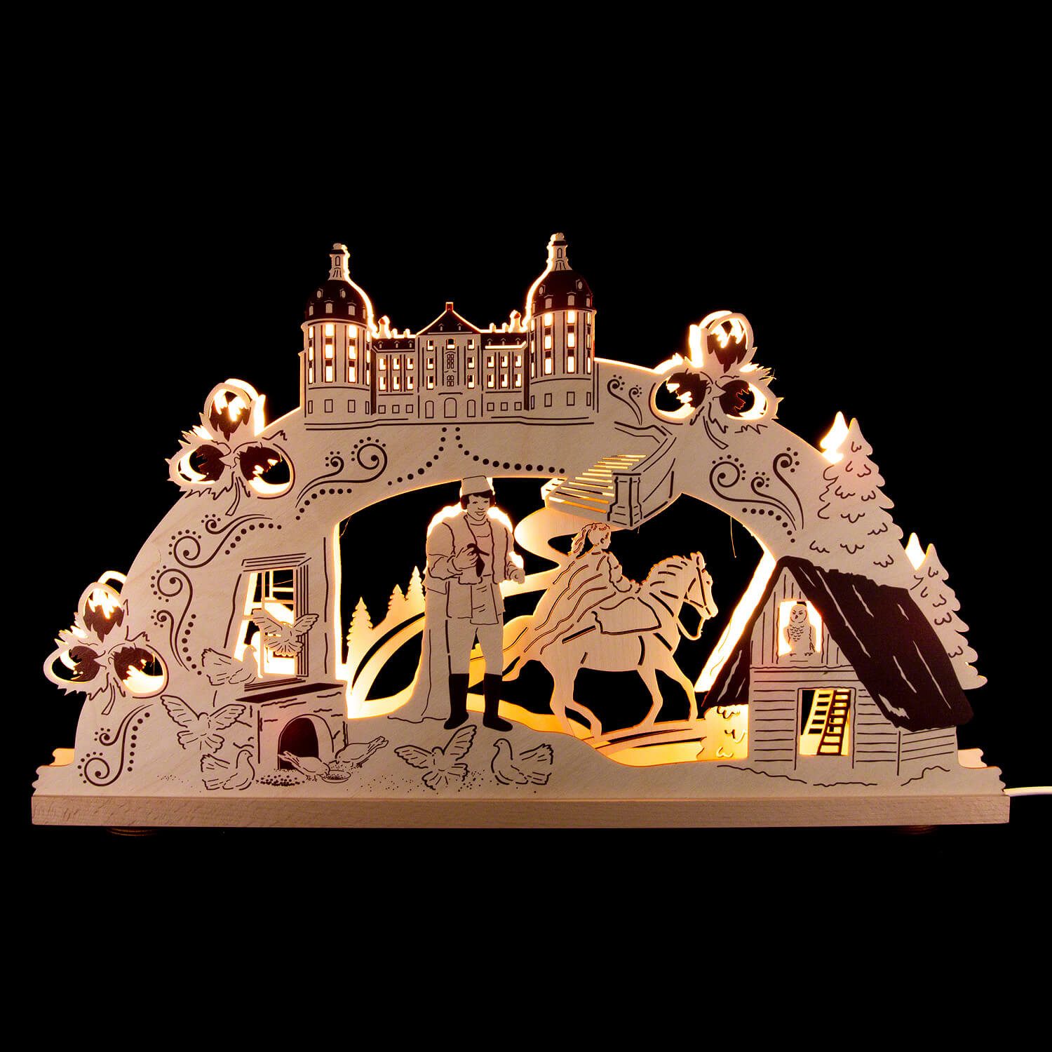 Erzgebirge-Palast Schwibbogen 3D-Schwibbogen "Drei Haselnüsse für Aschenbrödel" (52x31,5cm) von Saic