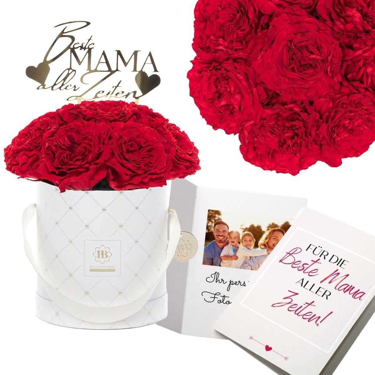 Trockenblume Geschenkidee zum Muttertag: Blossom Box - Premium White Rote Gartenrosen inkl. Flowertopper und Karte, MARYLEA, inkl. Hutbox mit Deckel als Accessoire | Trockenblumen