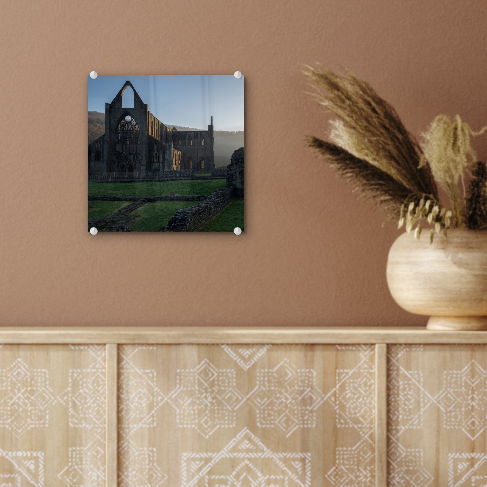 Acrylglasbild Bilder Foto St), Abbey - Glas in Wales, Glas - MuchoWow auf auf Sonnenaufgang Wanddekoration Tintern (1 in Wandbild Glasbilder -