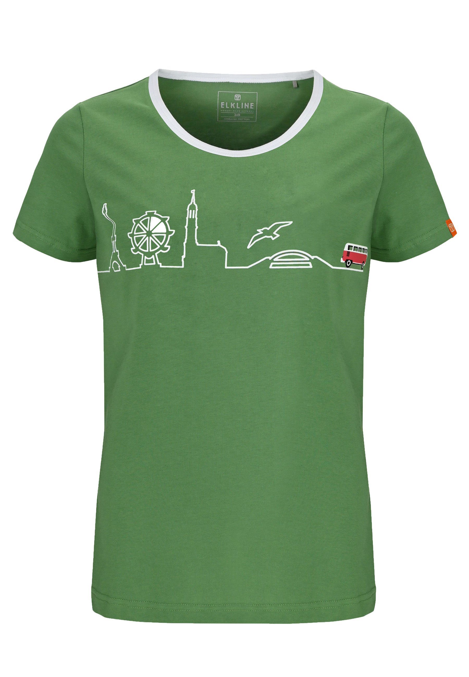 Elkline T-Shirt Little Things VW Bulli Reise Brust und Rücken Print mossgreen