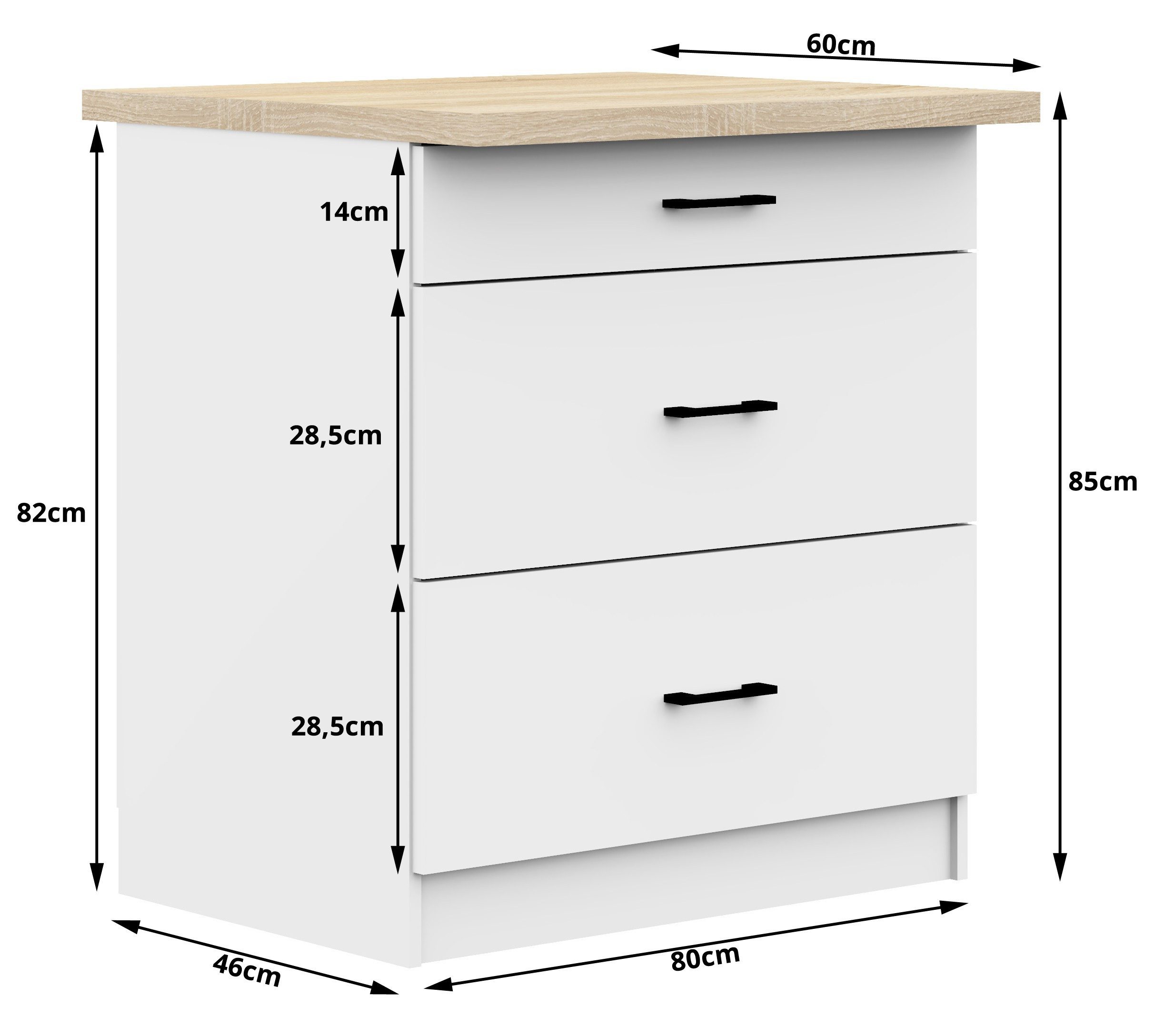 Raumhirsch Furniture Unterschrank Moderner Küchenunterschrank 3 Schubladen Küchenmodul mit Arbeitsplatte (viele Farbvarianten, Maße 60 x 80 x 46 cm) - Hochwerti – Bild 5 von 5