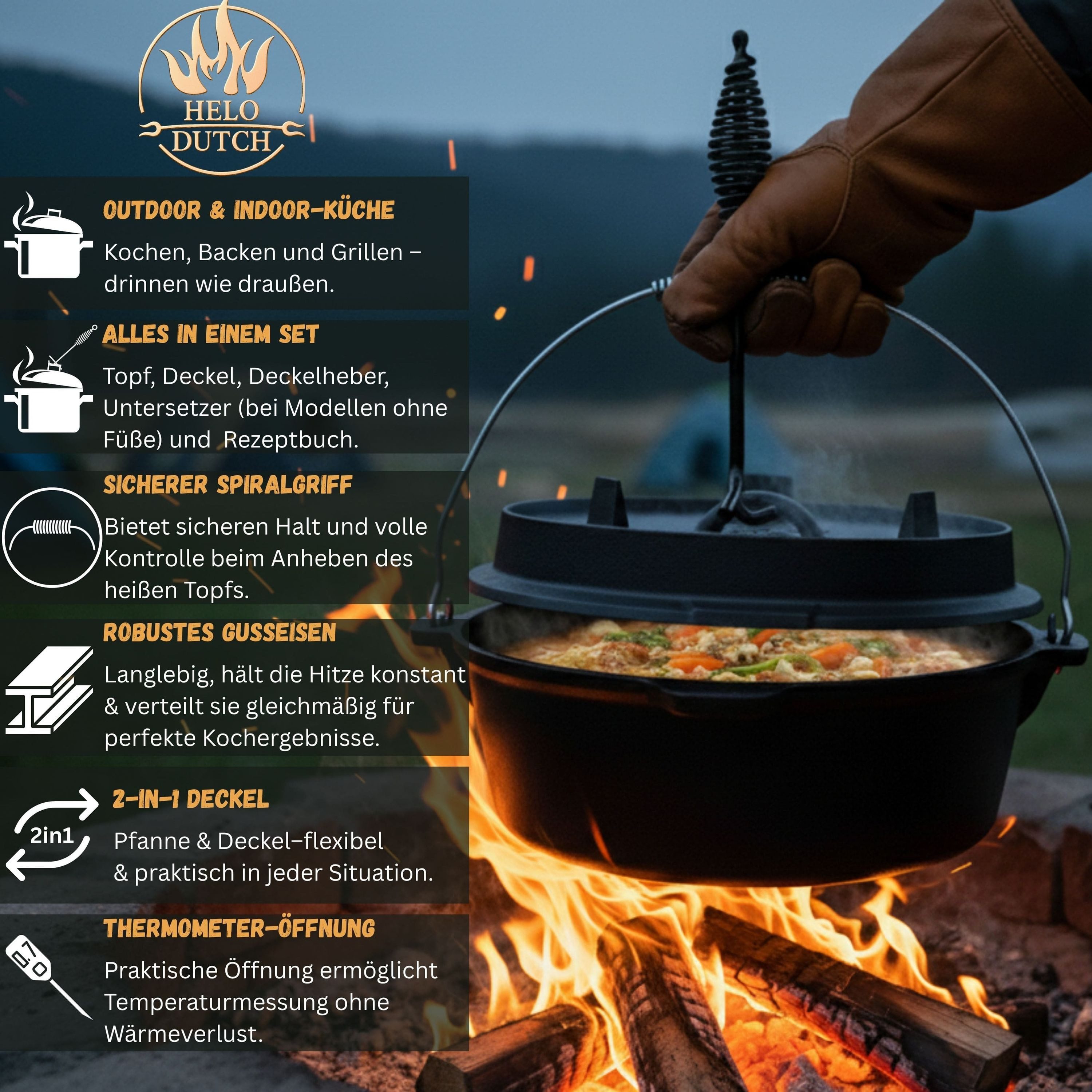 HELO24 Feuertopf Dutch Oven Set Gusseisen Deckelheber Schmortopf Kochbuch 1.8L - O1, Gusseisen – Bild 3 von 5