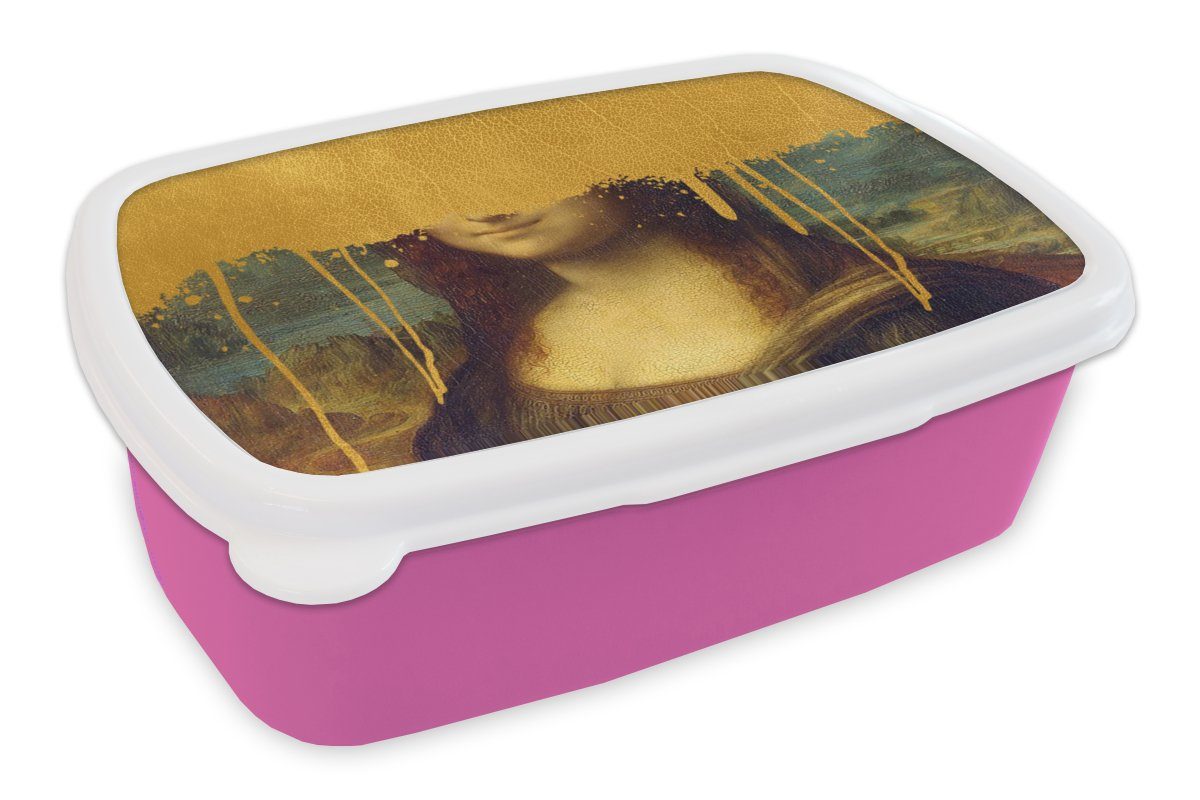 MuchoWow Lunchbox Mona Lisa - Gold - Da Vinci, Kunststoff, (2-tlg), Brotbox für Erwachsene, Brotdose Kinder, Snackbox, Mädchen, Kunststoff rosa