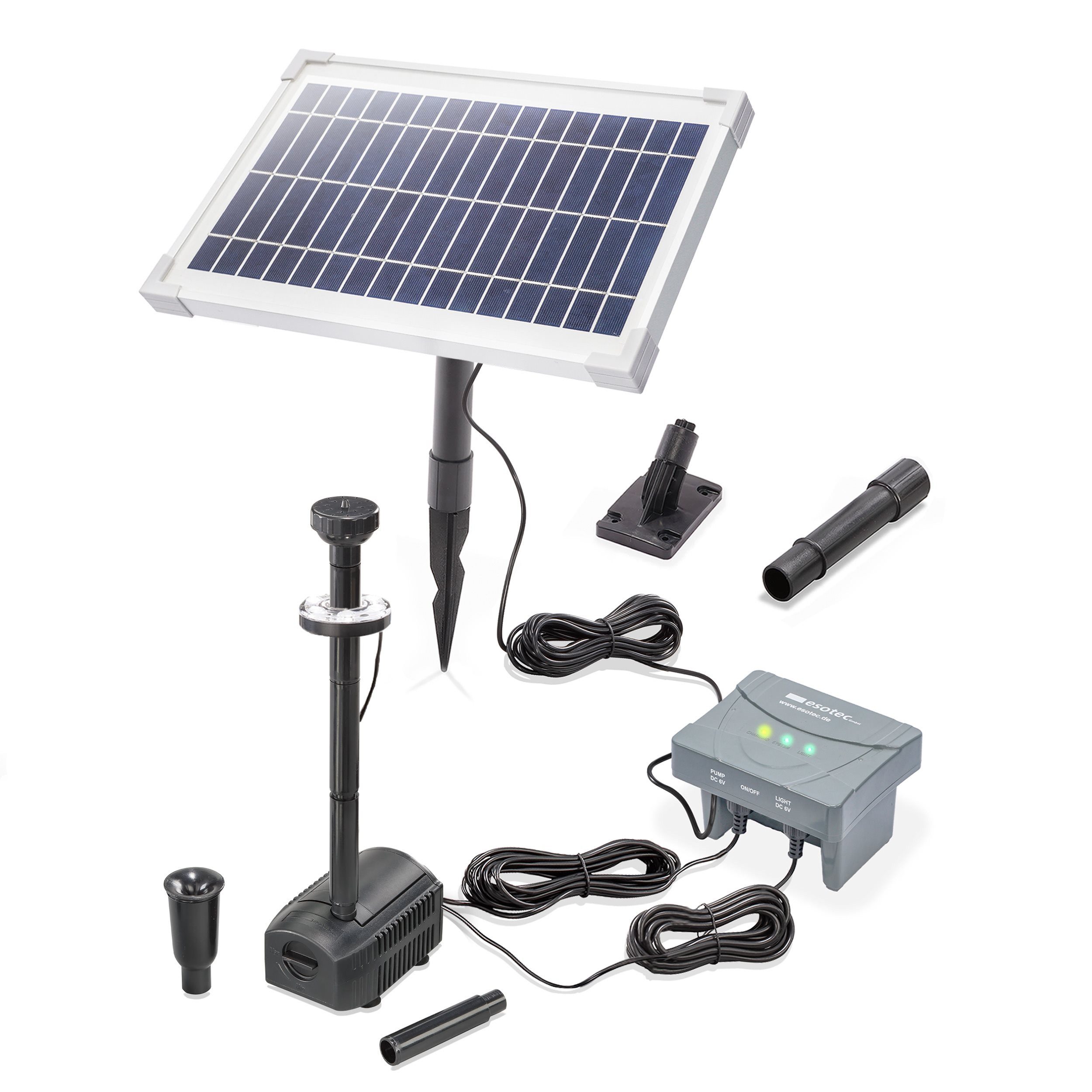 esotec Solarpumpe 8/400 Teichpumpenset LED+Akkuspeicher, 400l/h, 8Wp Solarmodul 101936 (Komplettset)