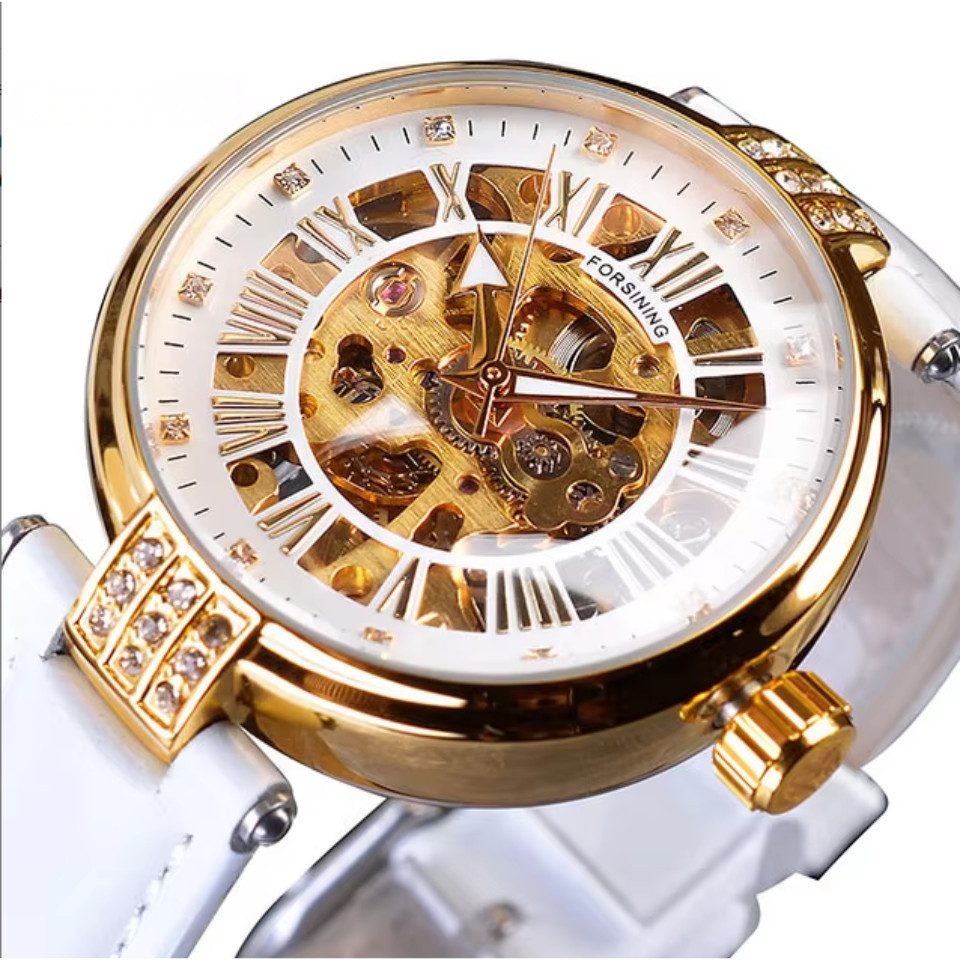 Rötting Design Automatikuhr Damenuhr Edelstahl weißes Ziffernblatt Lederarmband, (inkl. Uhrenschatulle, auch zum Verschenken geeignet), Rhinestone Besatz, leichter Tragekomfort