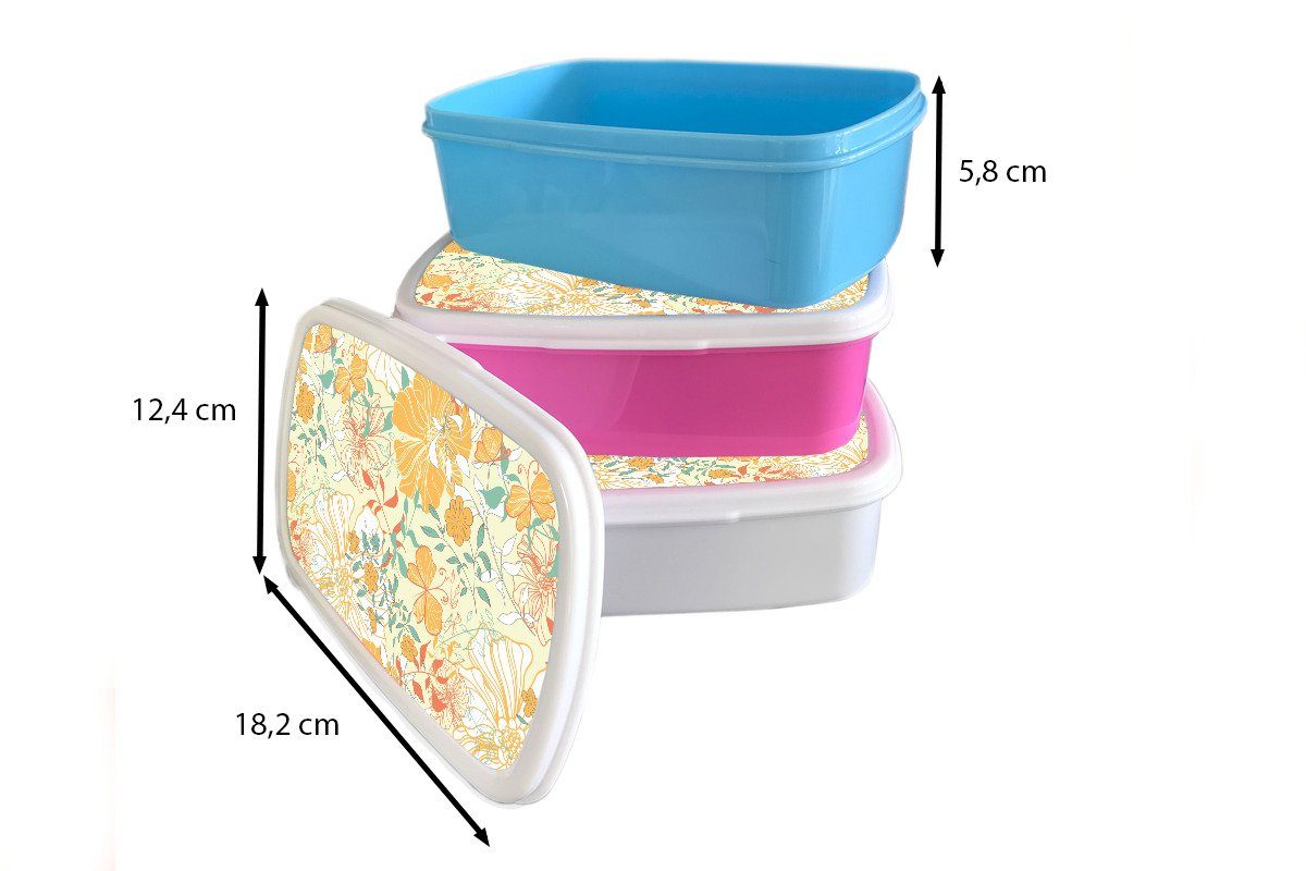 MuchoWow Lunchbox Blumen - Muster und Mädchen Erwachsene, Brotbox Schmetterlinge, Kinder (2-tlg), Kunststoff, für weiß - und Jungs für Brotdose