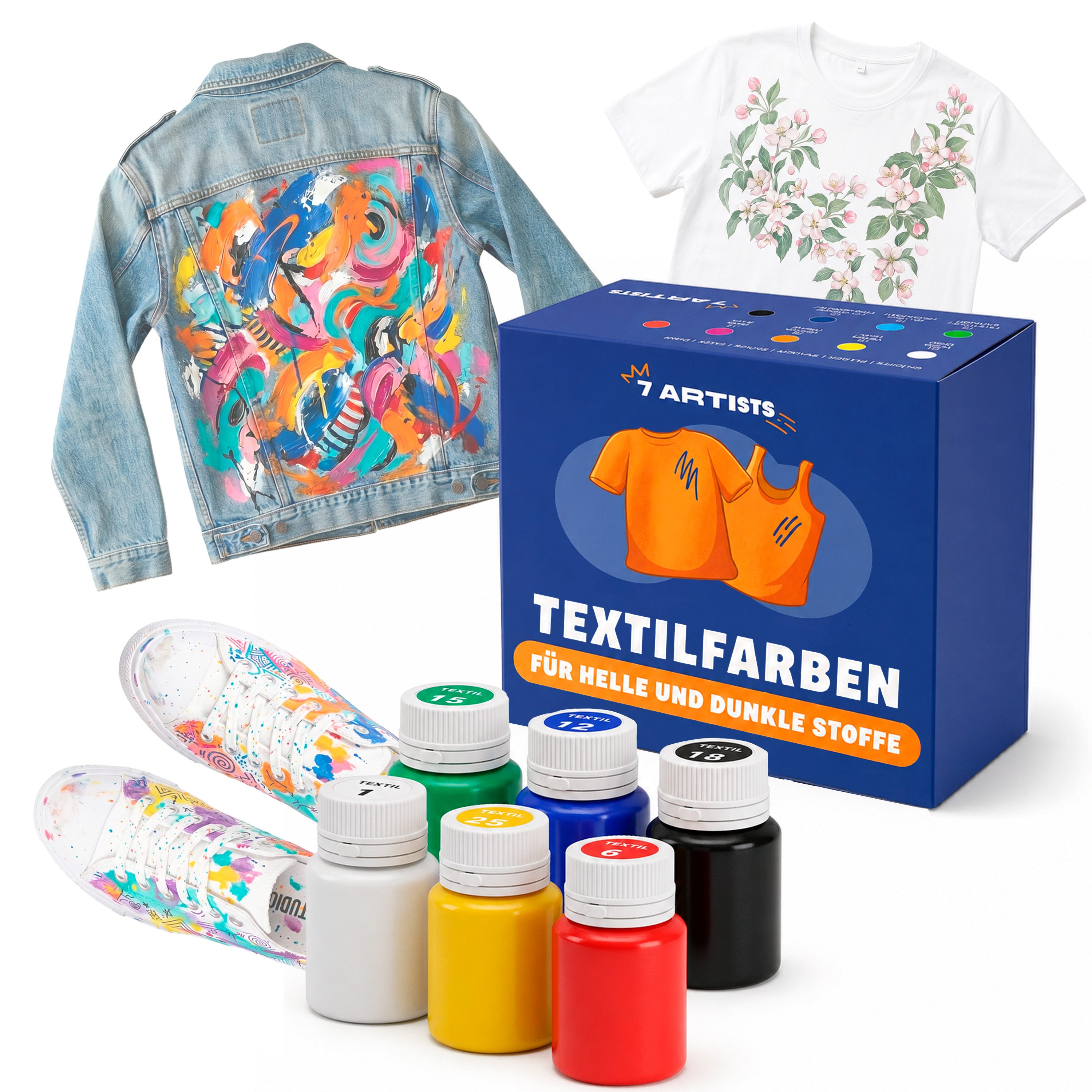 7 Artists Textilfarbe Textilfarbe Waschmaschinenfest Set - Stoffmalfarben Waschfest, für helle und dunkle Textilien