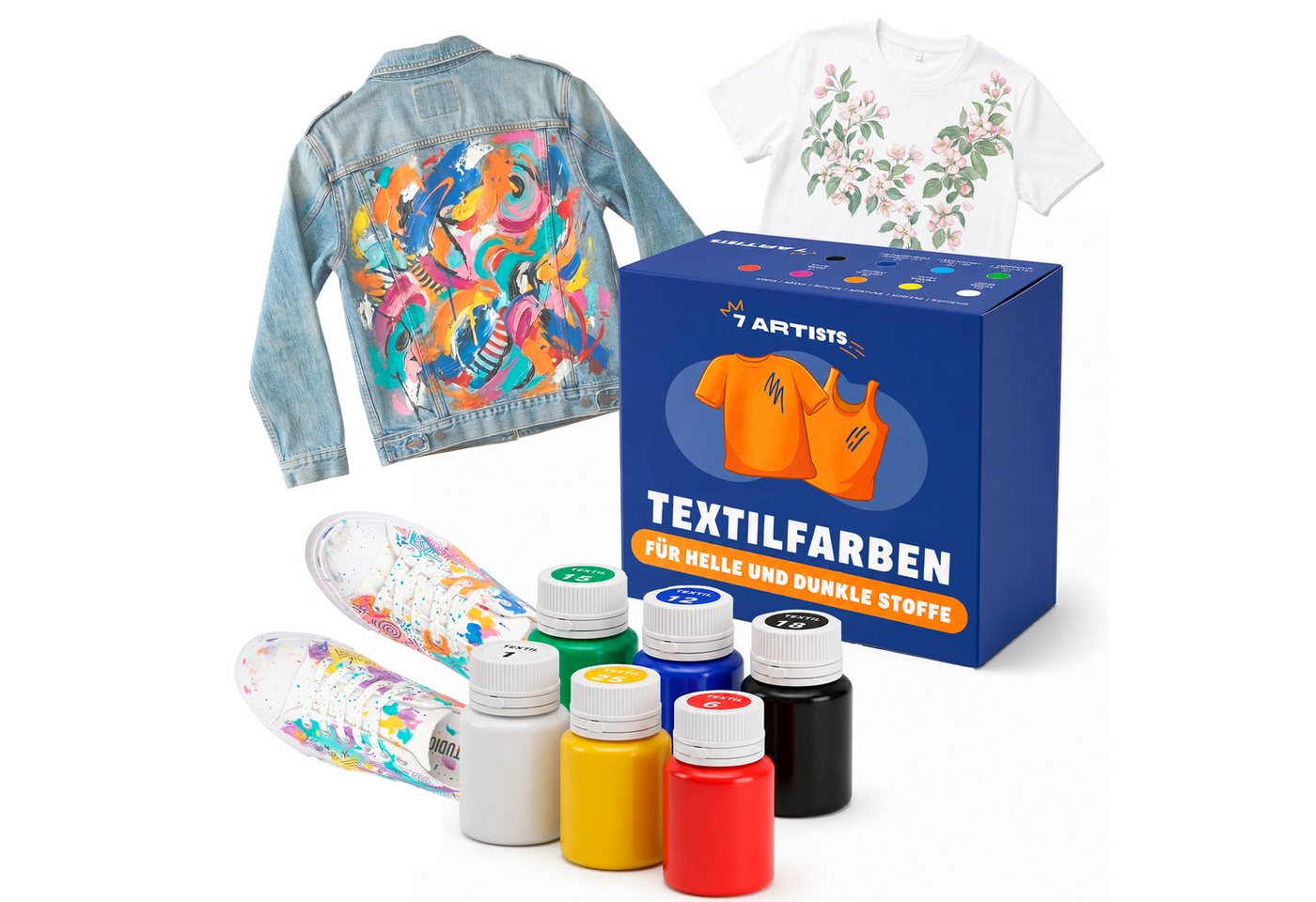 7 Artists Textilfarbe Textilfarbe Waschmaschinenfest Set - Stoffmalfarben Waschfest, für helle und dunkle Textilien