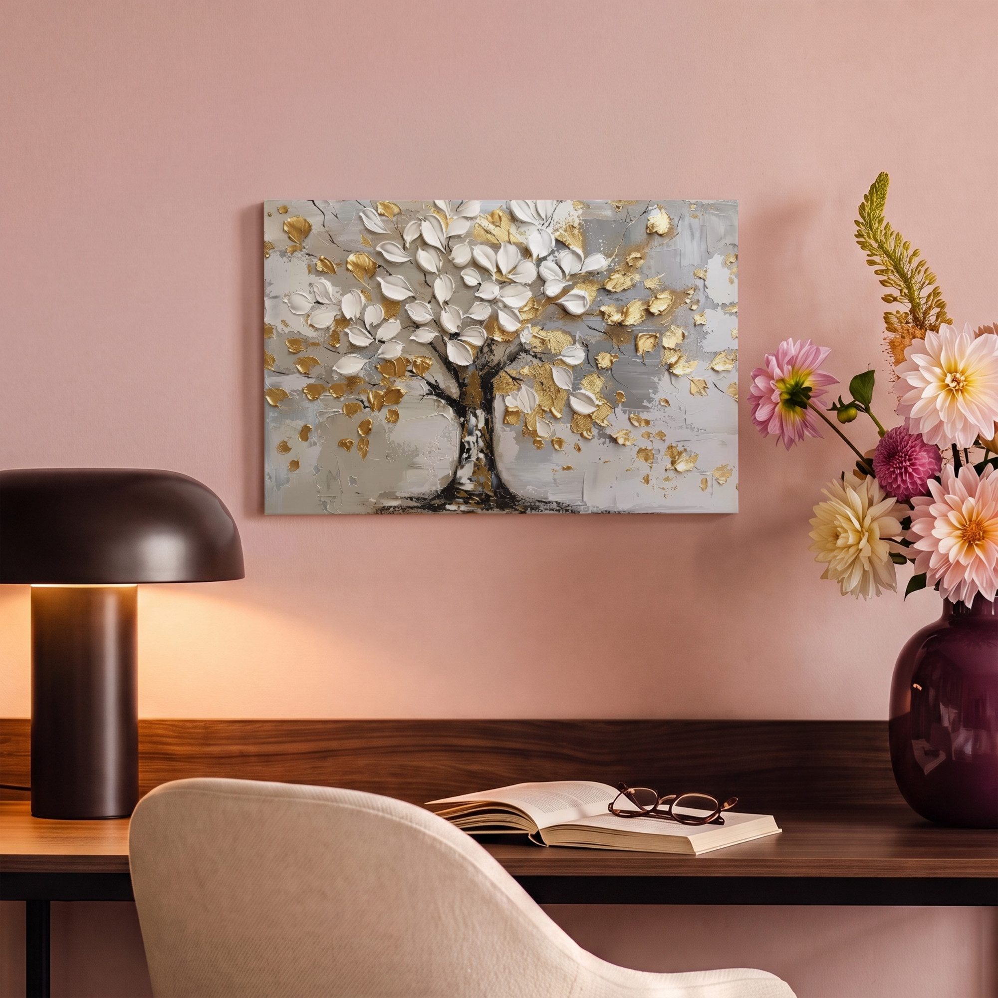 OneMillionCanvasses® Leinwandbild Baum - Beige - Grau - Gold - Abstrakt, Fotodruck (1 St), Wandbild, Deko Schlafzimmer Wohnzimmer Flur 20x20 cm – Bild 4 von 5