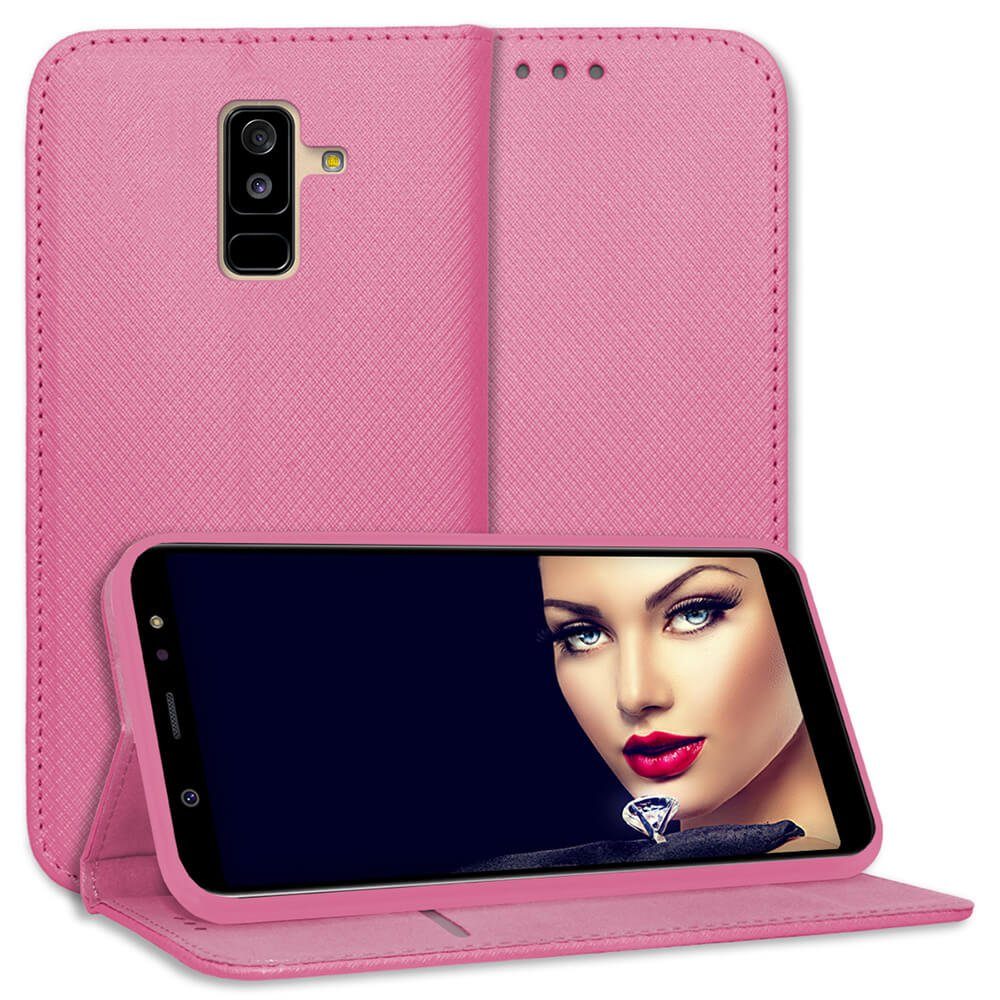 mtb more energy Smartphone-Hülle Smart Magnet für Samsung Galaxy A6 Plus / A6+ / J8 2018, Rosa, Bookstyle Klapphülle Cover Wallet Case aus Kunstleder