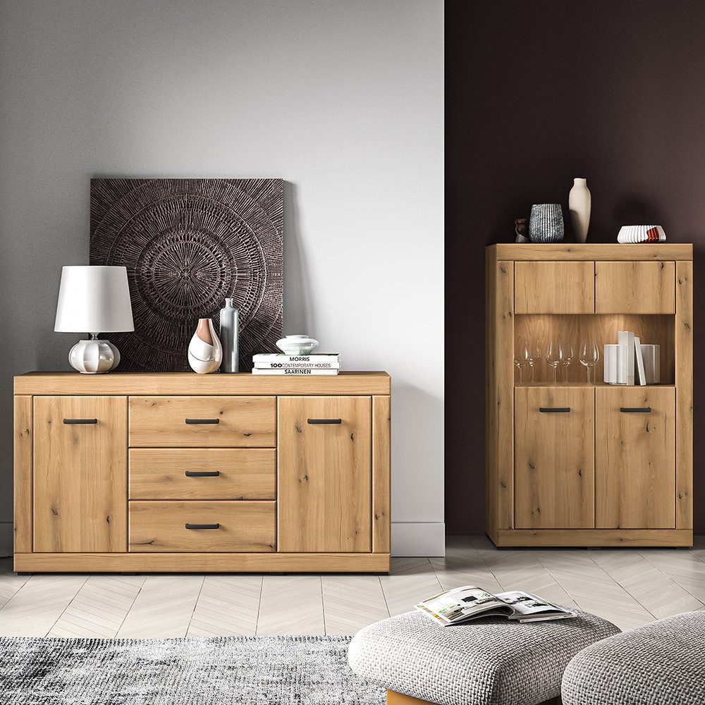 Lomadox Wohnzimmer-Set DAKAR-131, (Mega-Spar-Set, 2-St., Sideboard Highboard), in Eiche, inkl. LED-Beleuchtung, modern