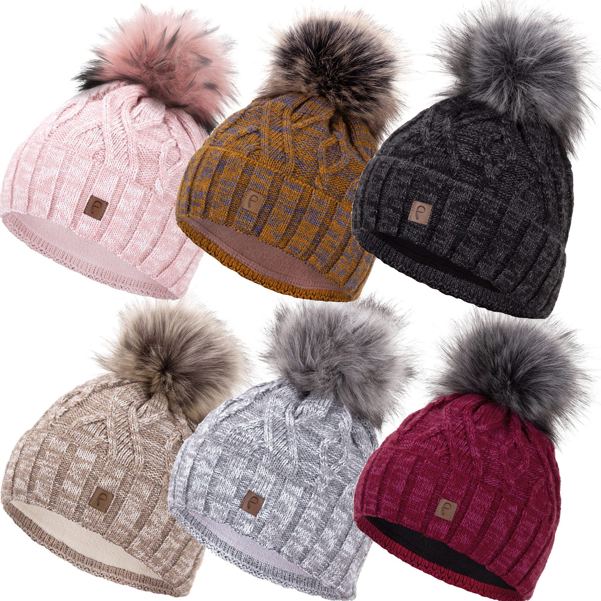Faera Bommelmütze Wintermütze Damen Herren Mütze Beanie Haube gefüttert Bommelmütze