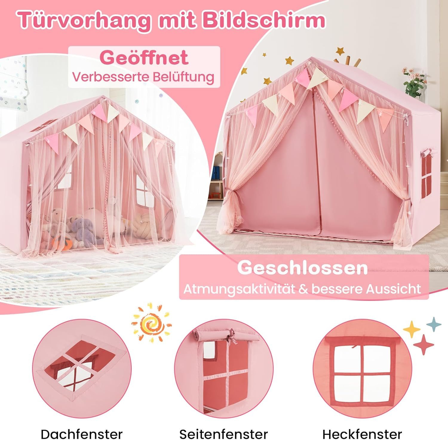 KOMFOTTEU Spielzelt Spielhaus mit Türvorhängen, Fenstern günstig online kaufen