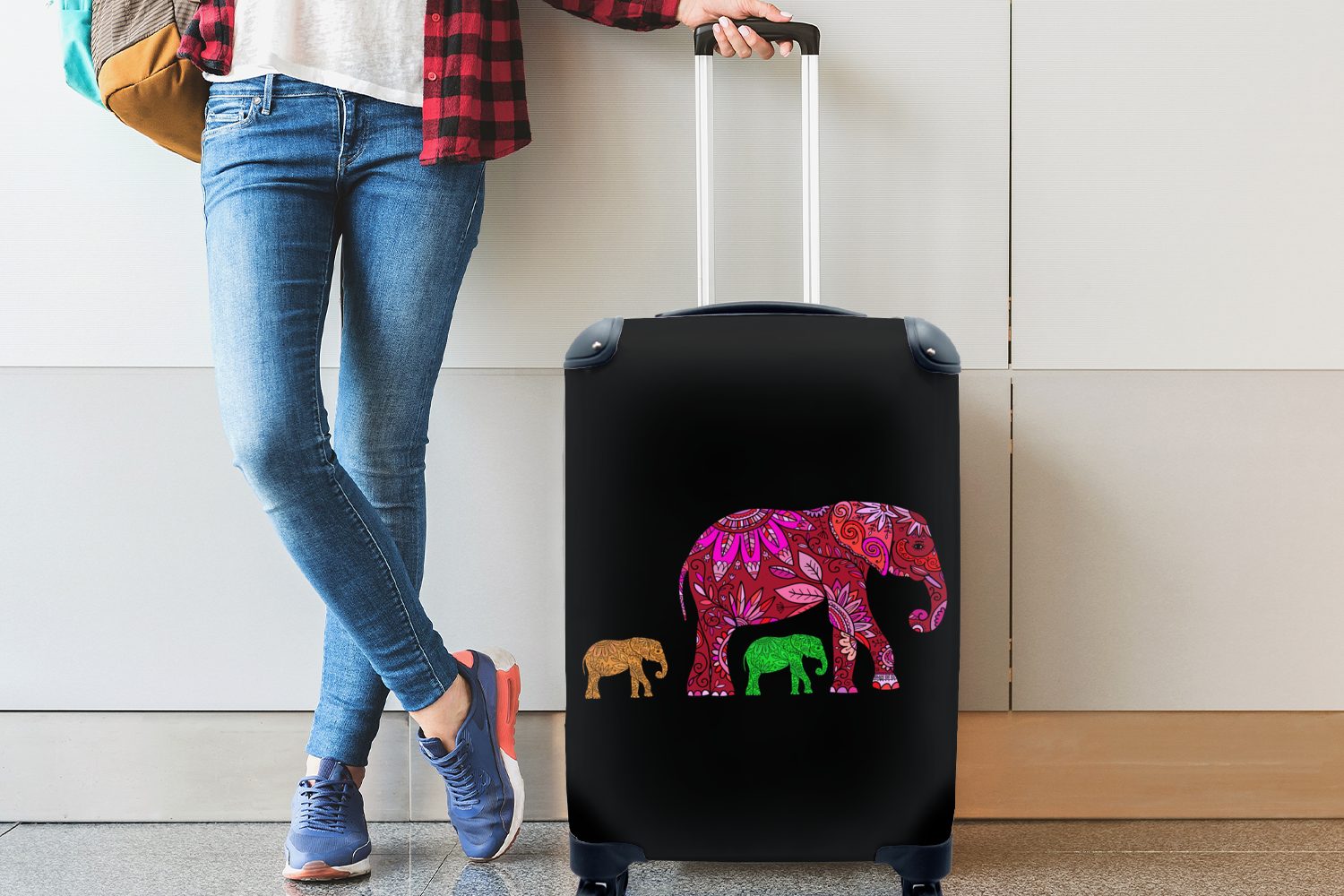 MuchoWow Handgepäckkoffer Muster mit Rollen, für Reisetasche Trolley, 4 - Ferien, rollen, Tiere Handgepäck - - Elefant Reisekoffer Blumen