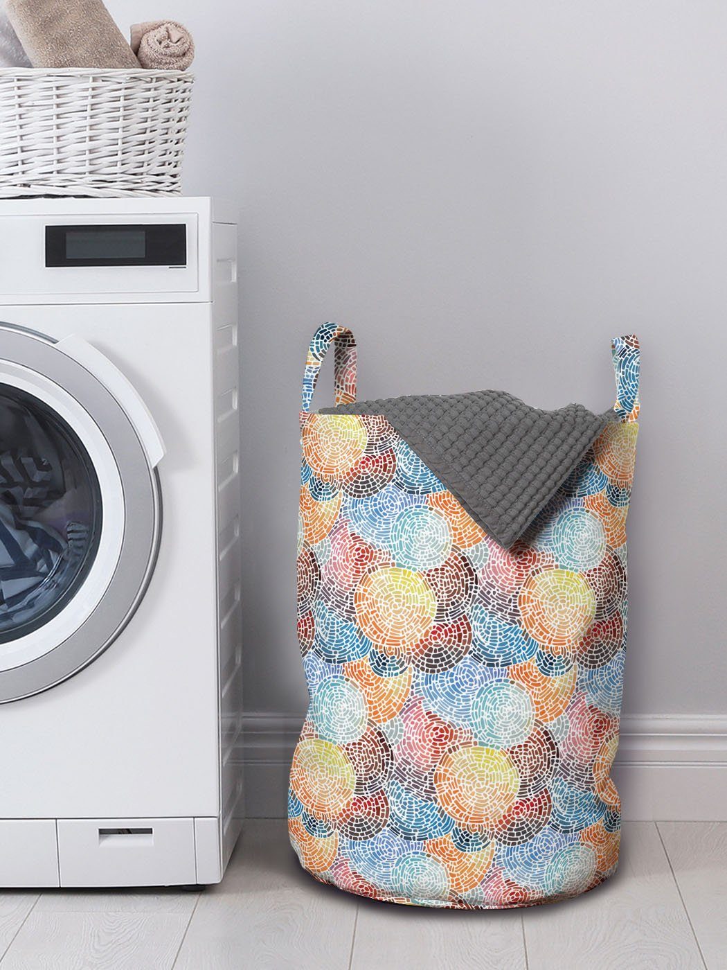 Waschsalons, Kordelzugverschluss Griffen Abakuhaus mit Wäschesäckchen Kreise Maßwerk Kreisformen Wäschekorb für