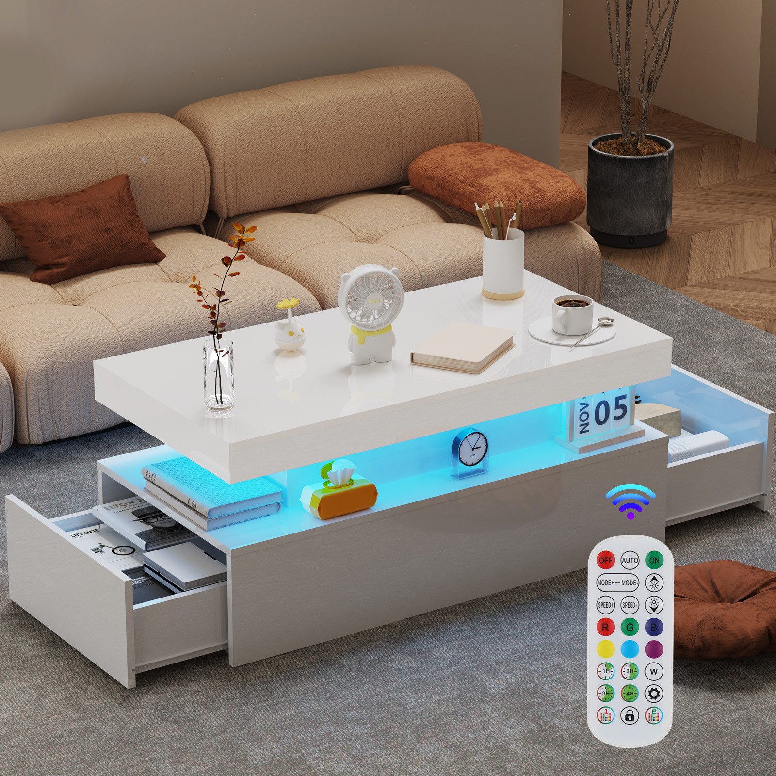 oyajia Couchtisch Wohnzimmertisch Hochglanz mit LED günstig online kaufen