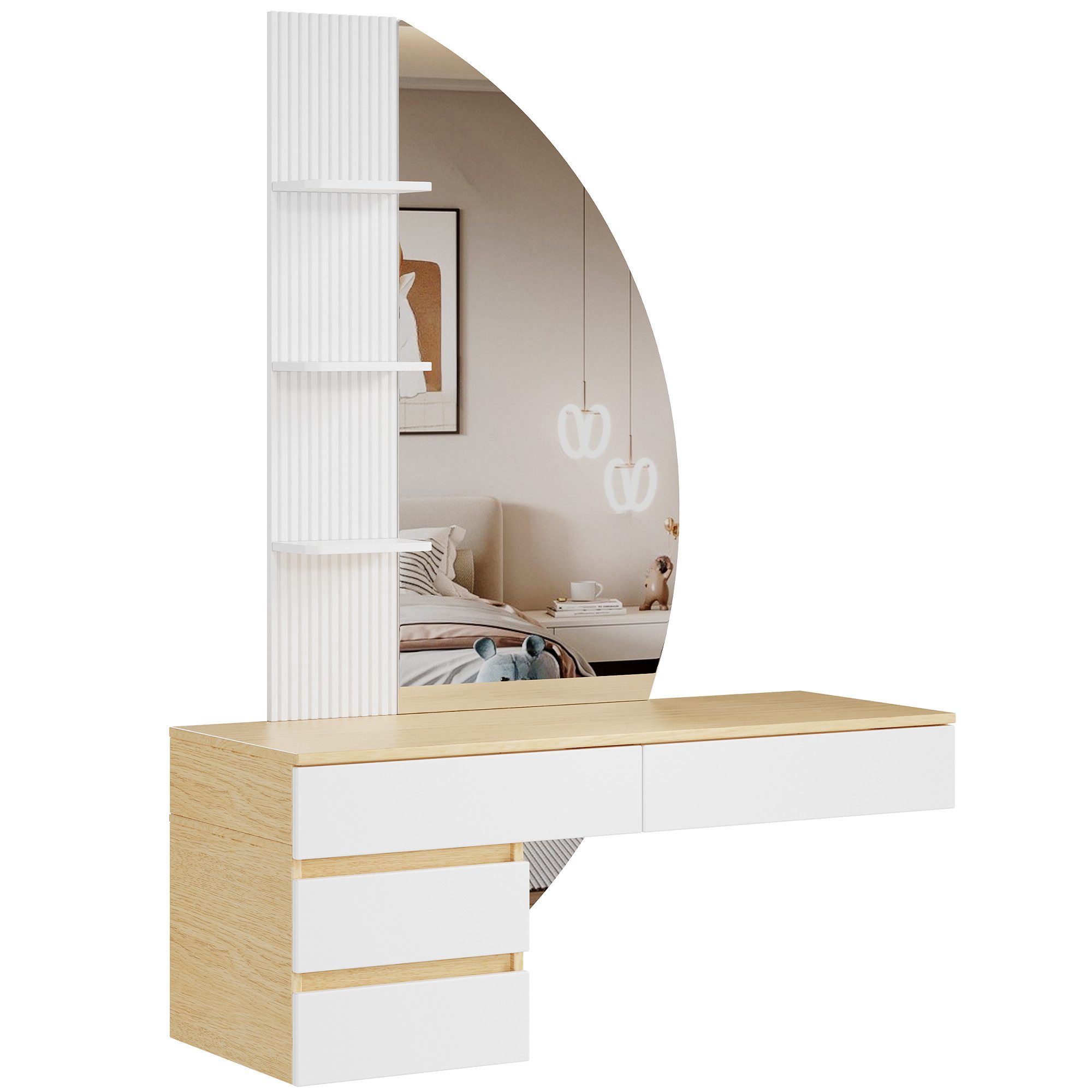 HOMALL Schminktisch Hängender Schminktisch mit drei einstellbaren Farbtemperaturen (LED-Silikon-Lichtleiste in drei Farben, Maße: 106 × 40 × 143 cm, mit 3 offen – Bild 2 von 5