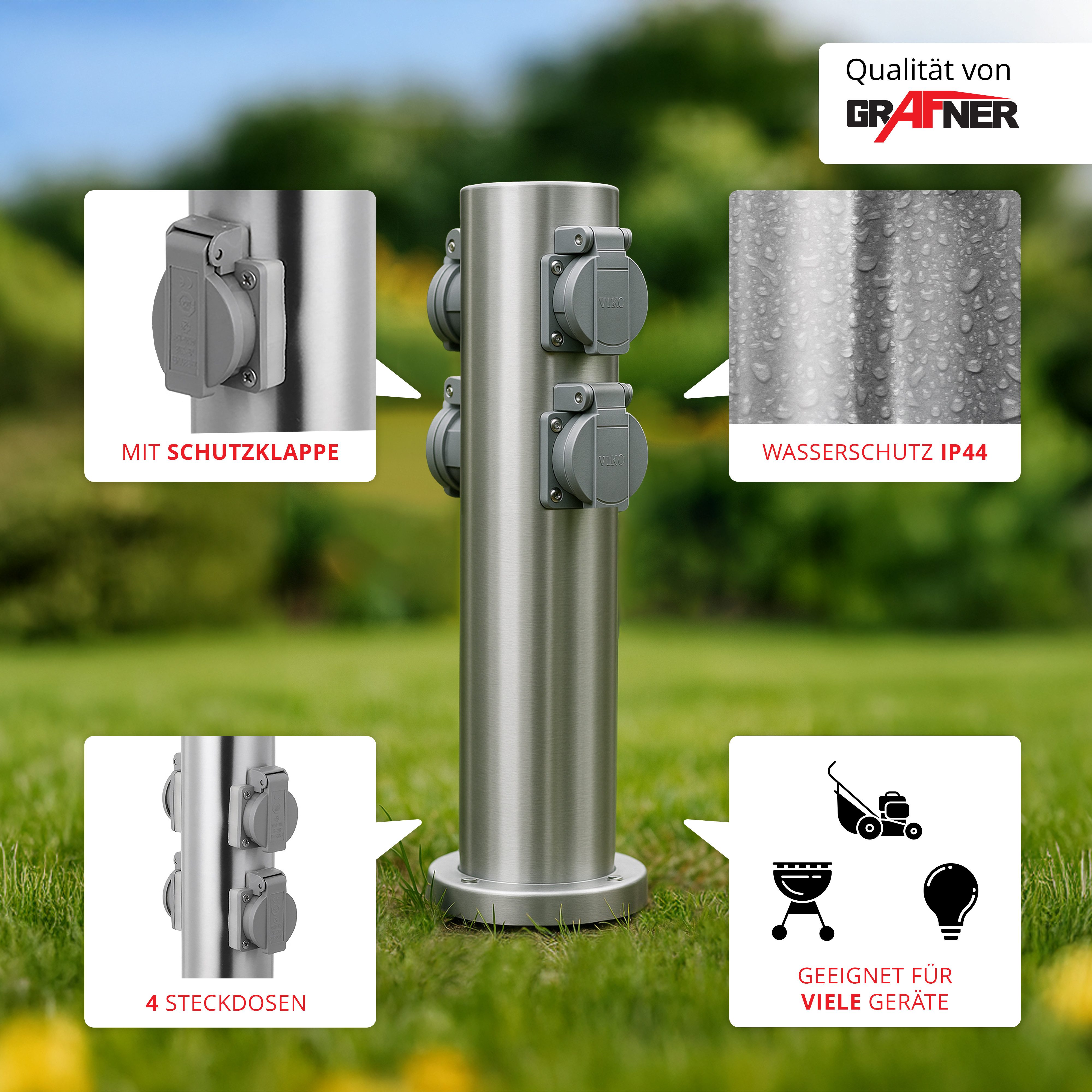 Grafner Gartensteckdose Steckdosensäule mit 4 Außensteckdosen Edelstahl Gartensteckdose, Stck, 1-St., 1, Inkl. Befestigungsmaterial, Maße: Ø ca. 11cm, Höhe: ca. 40cm