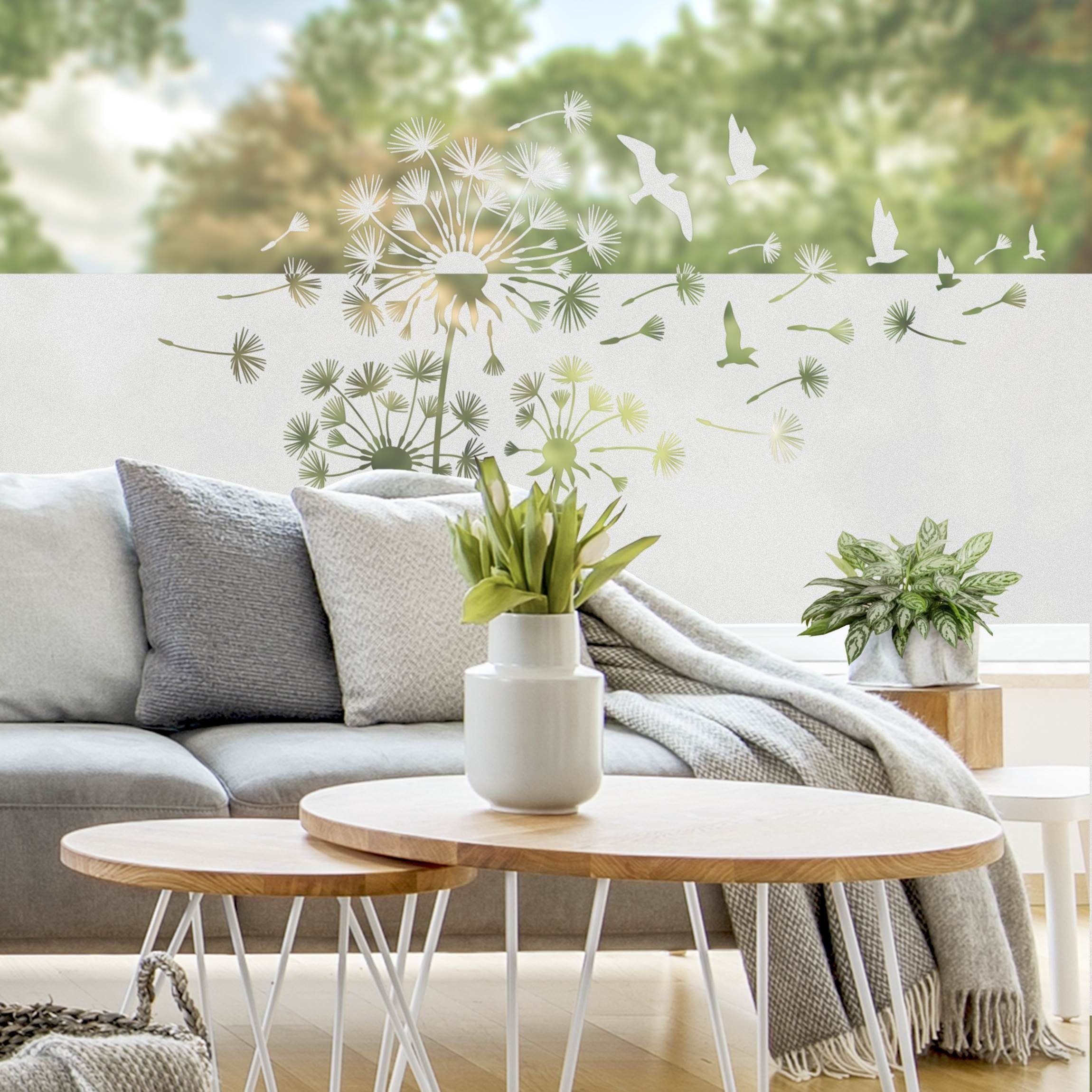 Bilderdepot24 Fensterfolie statisch haftend Motiv Fensterdeko Pusteblumen Vögel Bordüre Tiere, blickdicht, Innen Fenster Tür Balkontür Küche Badezimmer Wohnzimmer Schlafzimmer