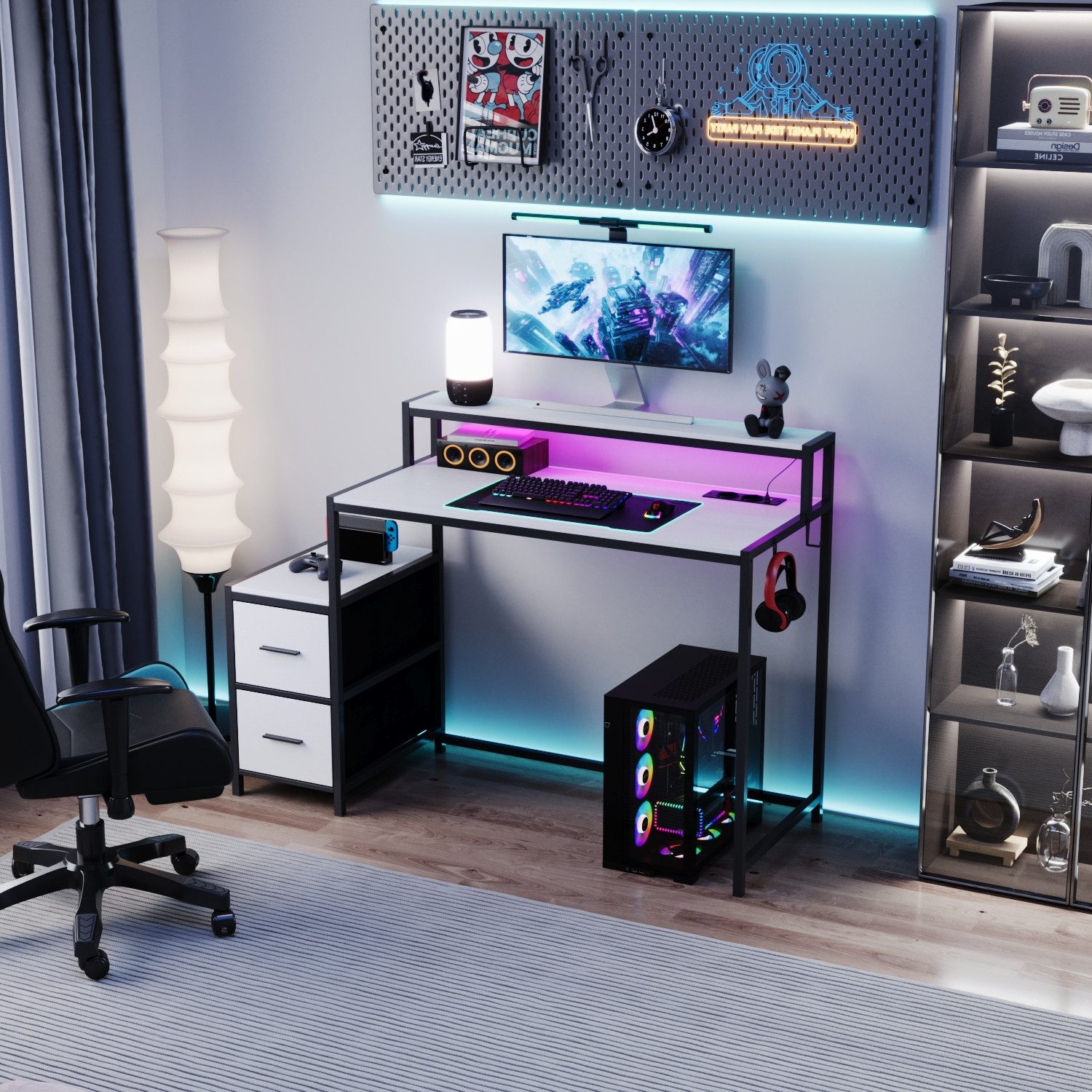 FUFU&GAGA Schreibtisch Gaming Schreibtisch LED 24 Farben Computertisch mit Stoffschubladen