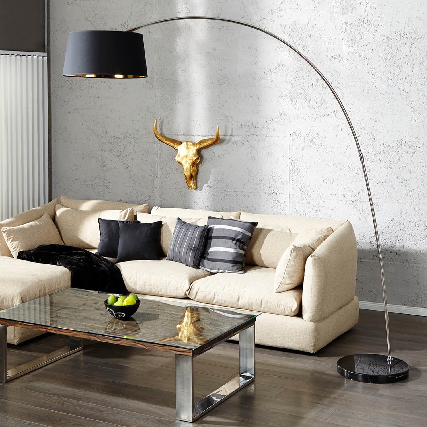 Licht-Erlebnisse Stehlampe BANGO, ohne Leuchtmittel, Schwarze Standleuchte Chrom Gold retro Bogen verstellbar Wohnzimmer