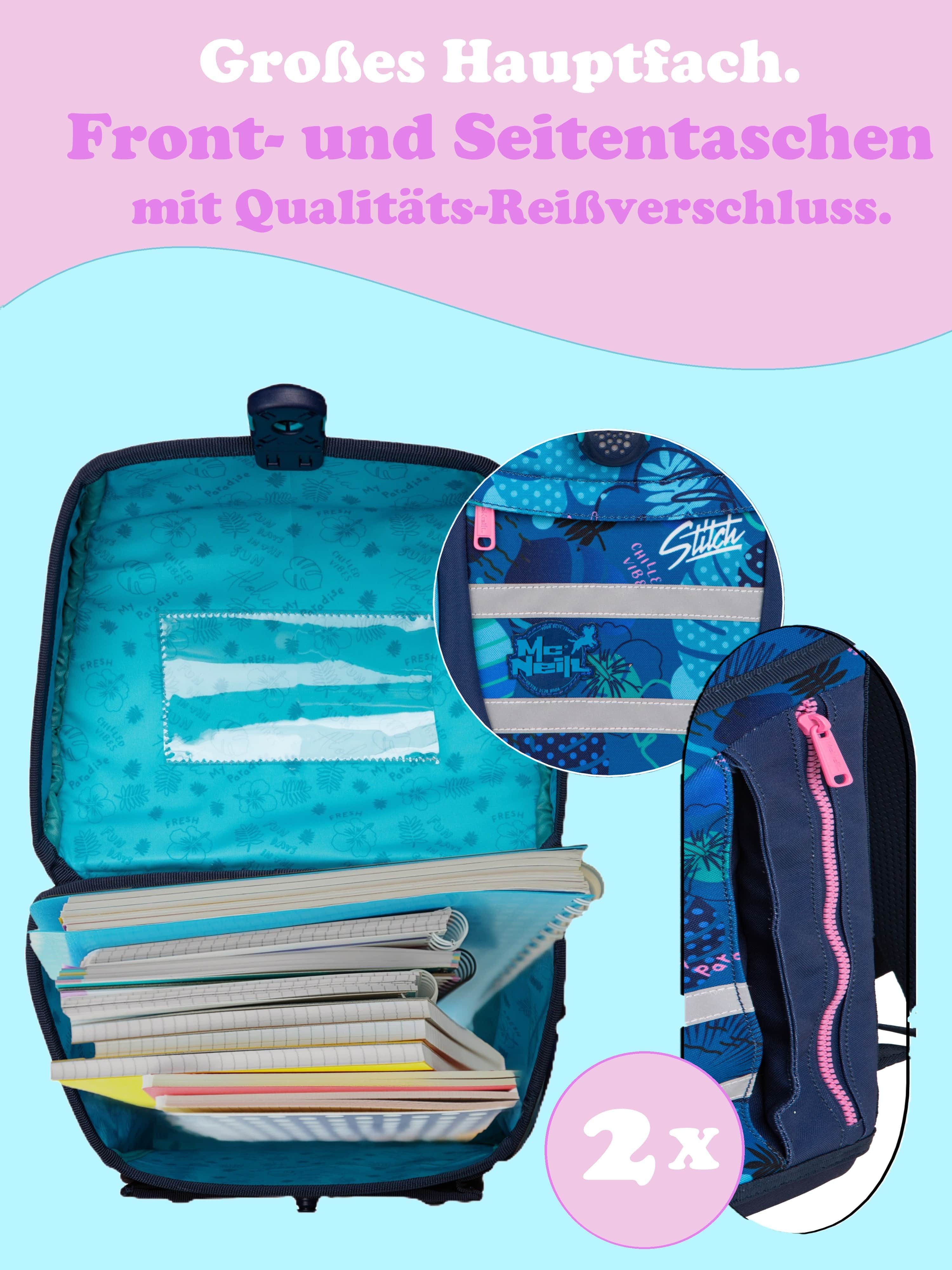 McNeill Schulranzen Disney Stitch Schulranzen ab der 1. Klasse, 18L Volumen, 980 Gramm (Set, 6-tlg., mit Regenschutz und gefüllter Federmappe), McNeill Teneris Sonder-Edition