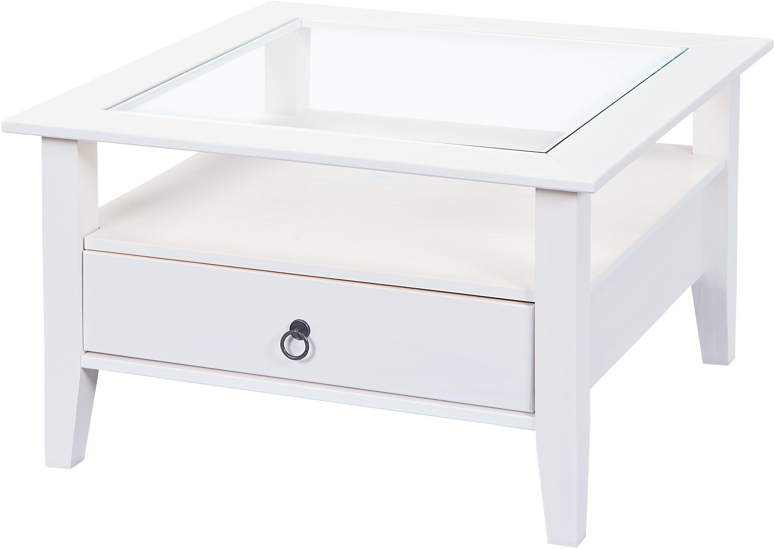 Inter Link Couchtisch Provence, Kiefer Massivholz, Glasplatte & Schublade, Landhausstil (1-St), Wohnzimmertisch, Sofatisch, Stauraum, BxTxH: 75 x 75 x 45 cm