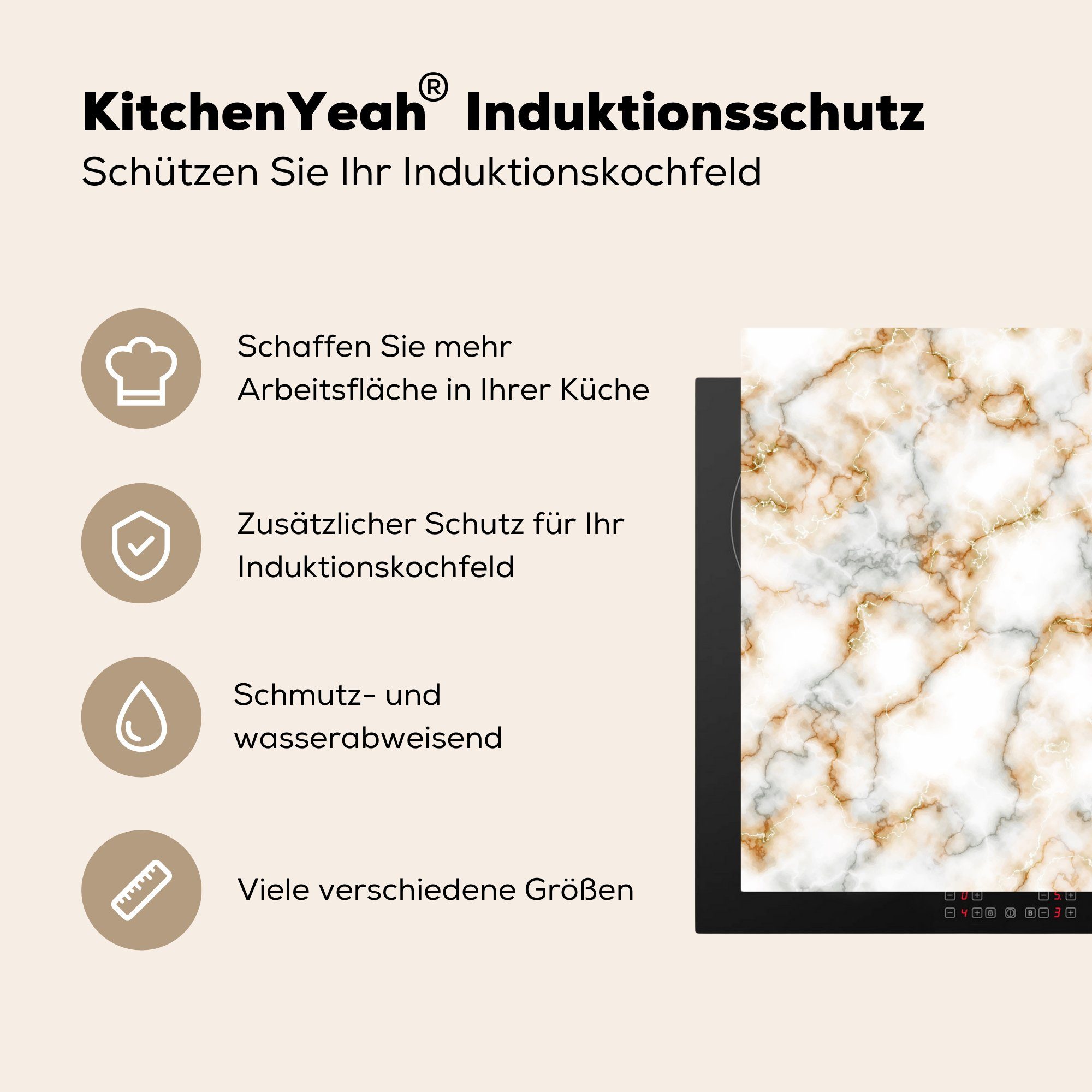 MuchoWow Herdblende-/Abdeckplatte Marmor - - küche für - Vinyl, cm, Grau 78x78 tlg), Arbeitsplatte Gold, Weiß (1 Ceranfeldabdeckung