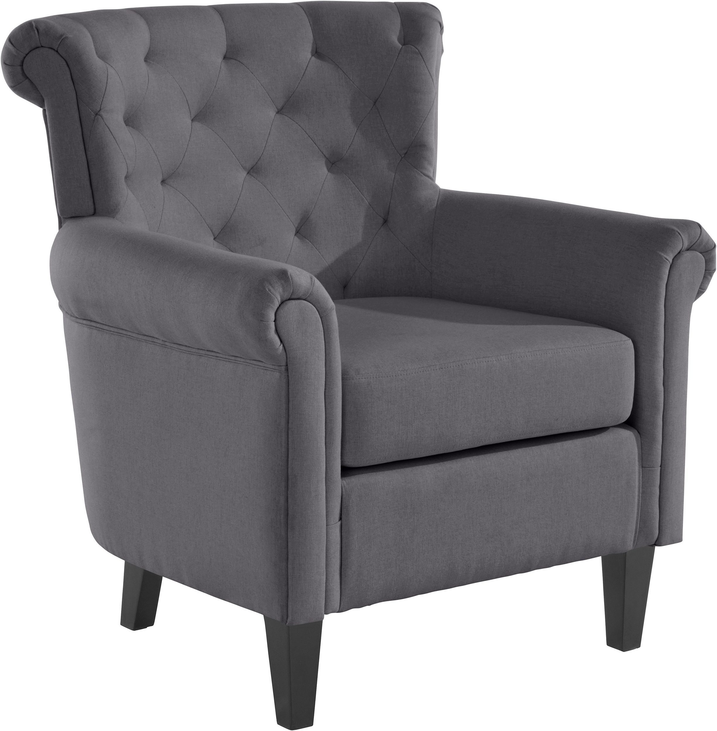 loft24 Sessel Coryn, Stoffbezug mit Diamantensteppung, Sitzhöhe 50 cm, Füße aus Pappelholz grau