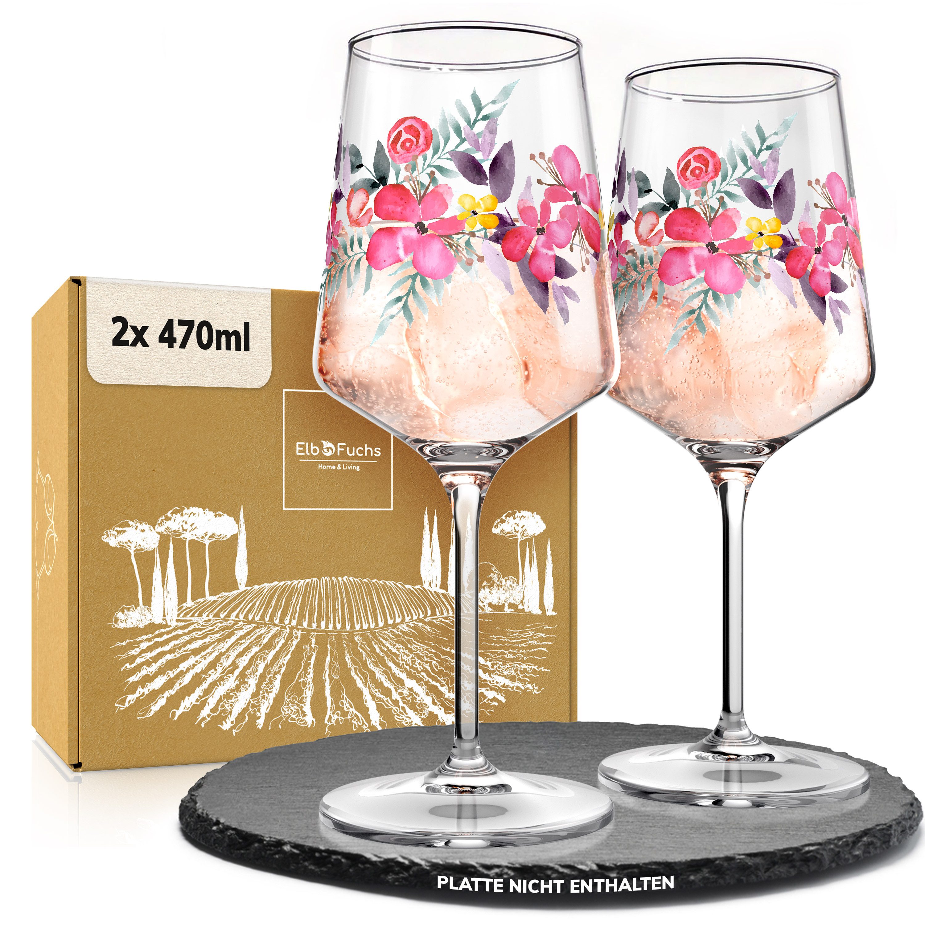 ElbFuchs Aperitifglas Rosé Garden mit Rosenmotiv, 2-tlg., Borosilikatglas, 470 ml, Spülmaschinenfest