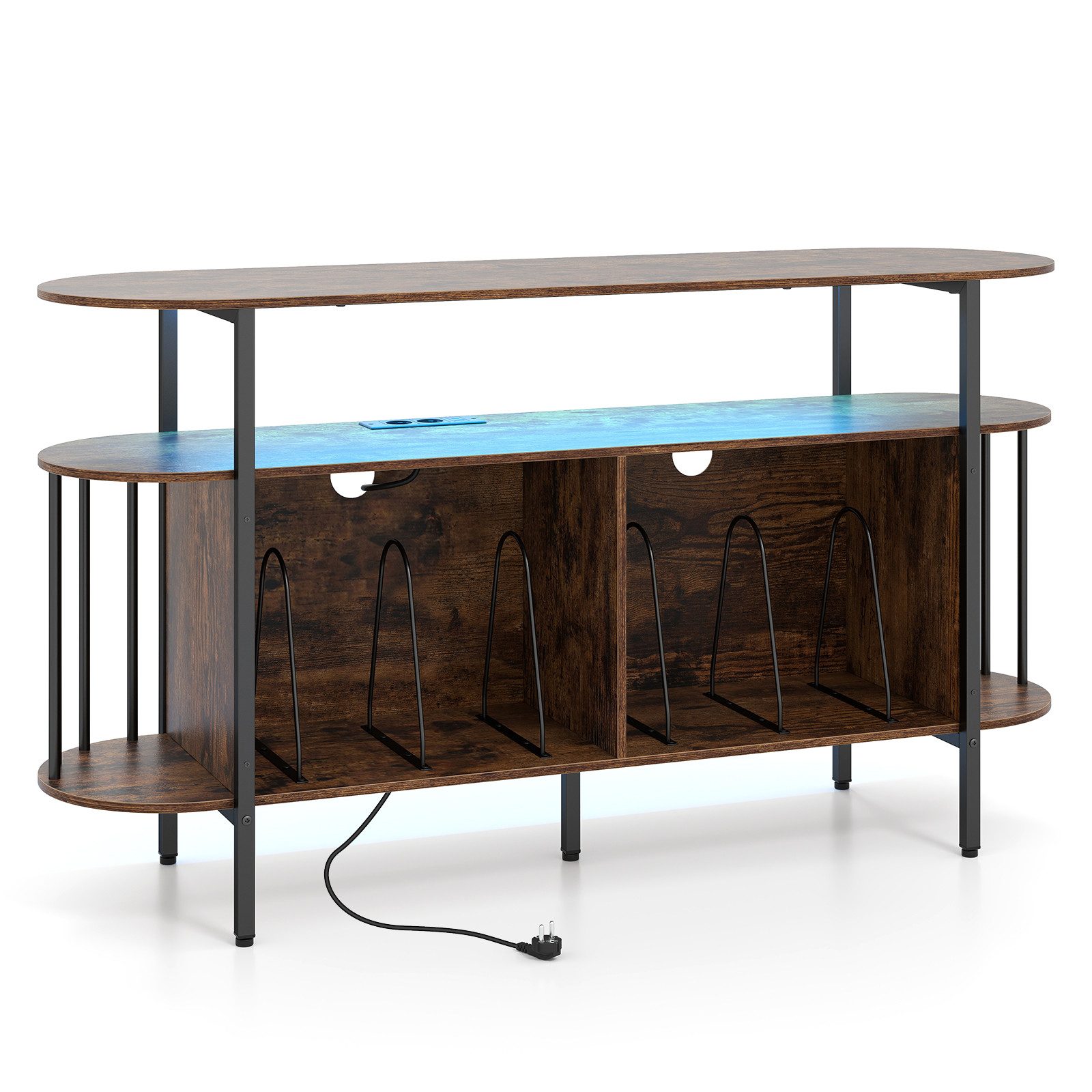 COSTWAY Sideboard Plattenspieler Regal mit Steckdose & LED, Plattenspieler-Ständer – Bild 5 von 5
