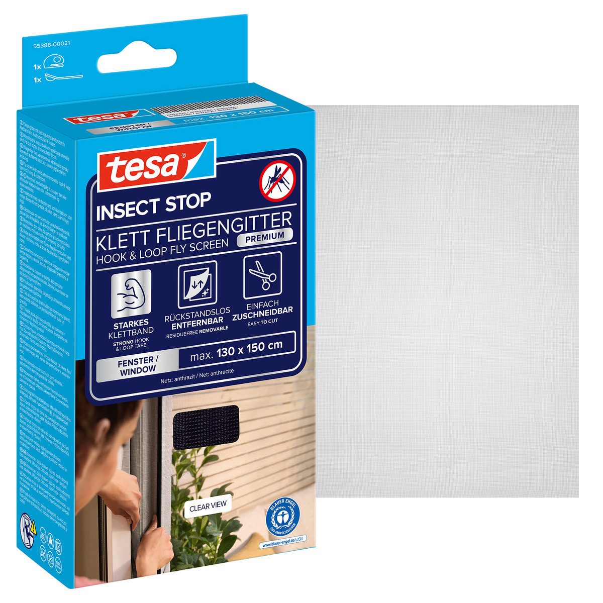 tesa Fliegengitter-Gewebe Klett Fliegengitter Premium für Fenster, Insektenschutz mit Klettband, (Packung, 1-St., Fliegennetz, Klettband, Andrück und Schneidehilfe), selbstklebende Insektenschutz - 130 cm x 150 cm
