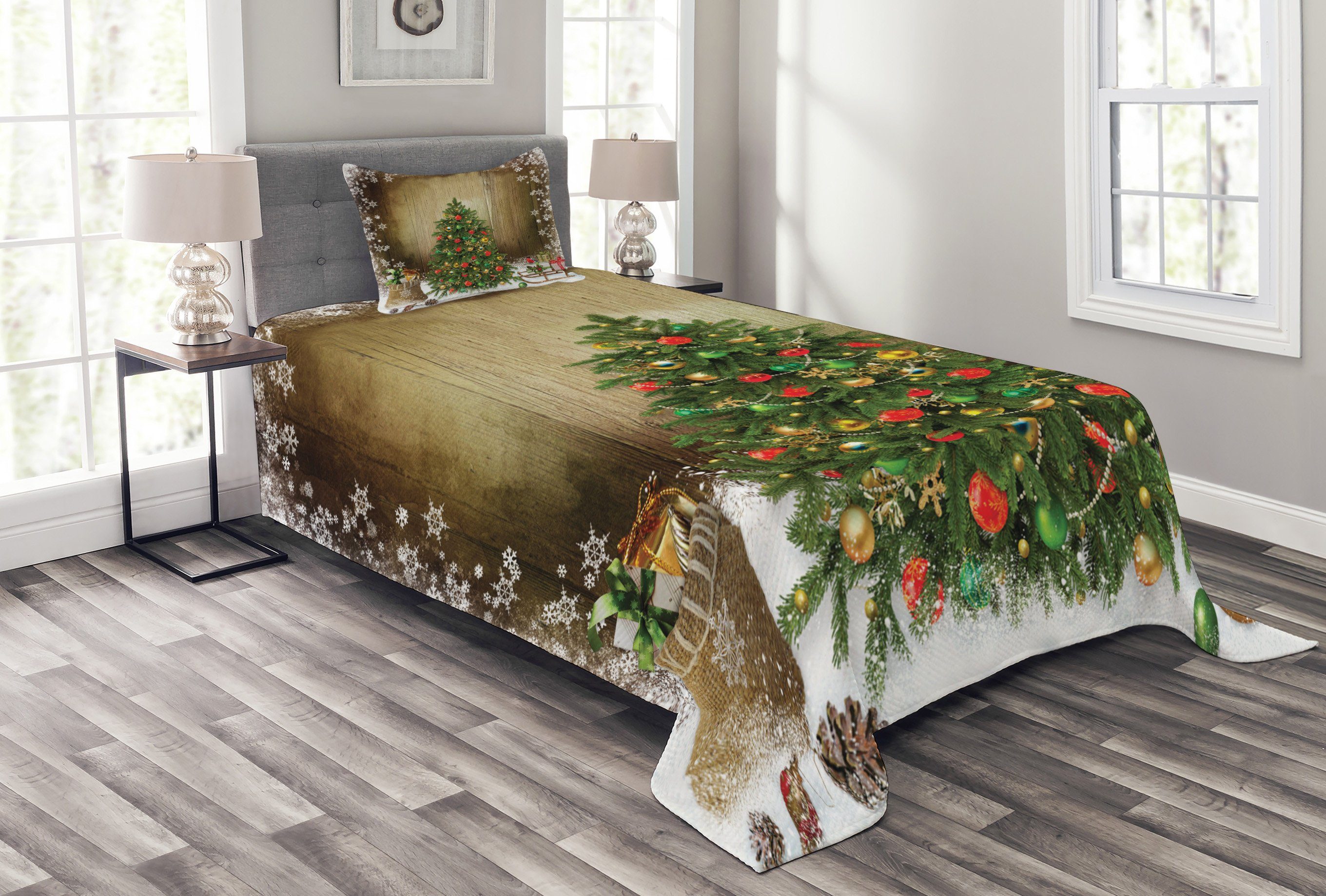 Waschbar, Tree Kissenbezügen Set Weihnachten mit Tagesdecke Pine Abakuhaus, Presents