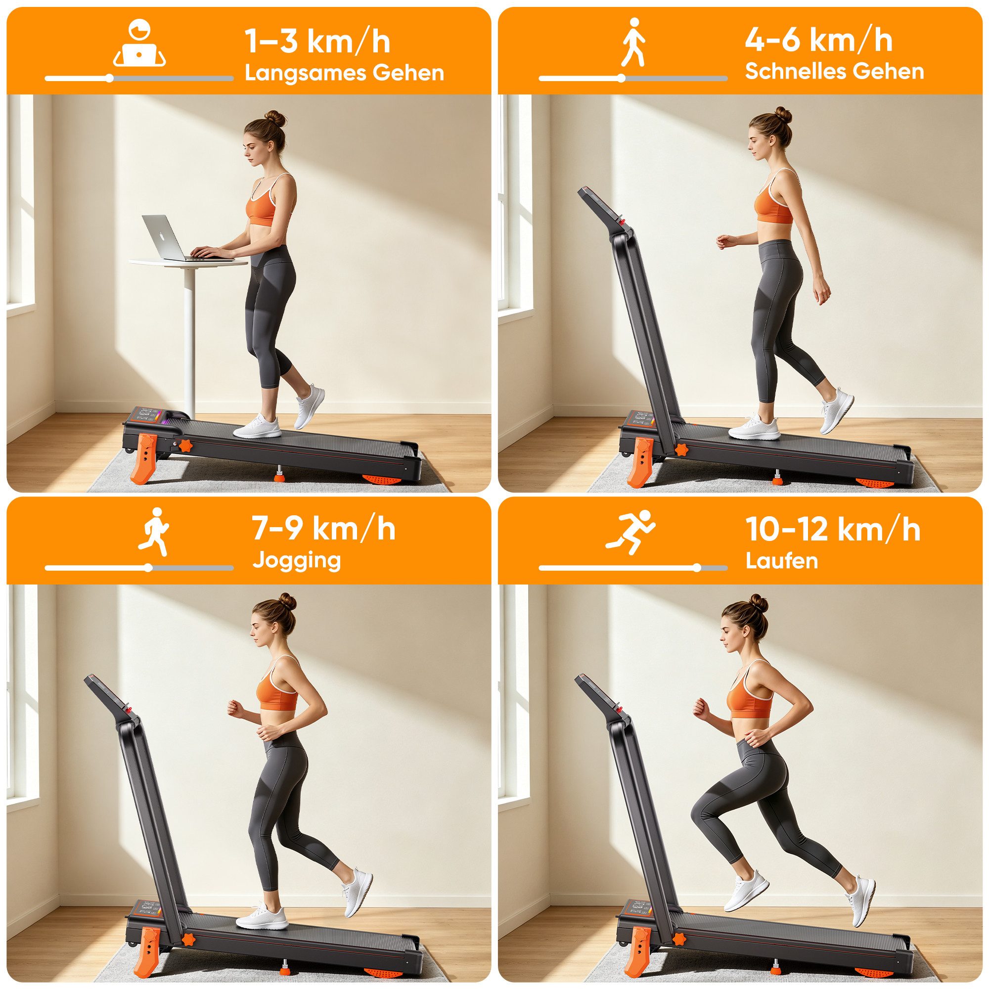 GIDGIMO Laufband FlexRun Pro Laufband 12 km/h mit 15 % Steigung, klappbar, App (für Zuhause & Büro), 6 IN 1 Walking Pad, LED Tempolicht, Bis 120kg Belastbar